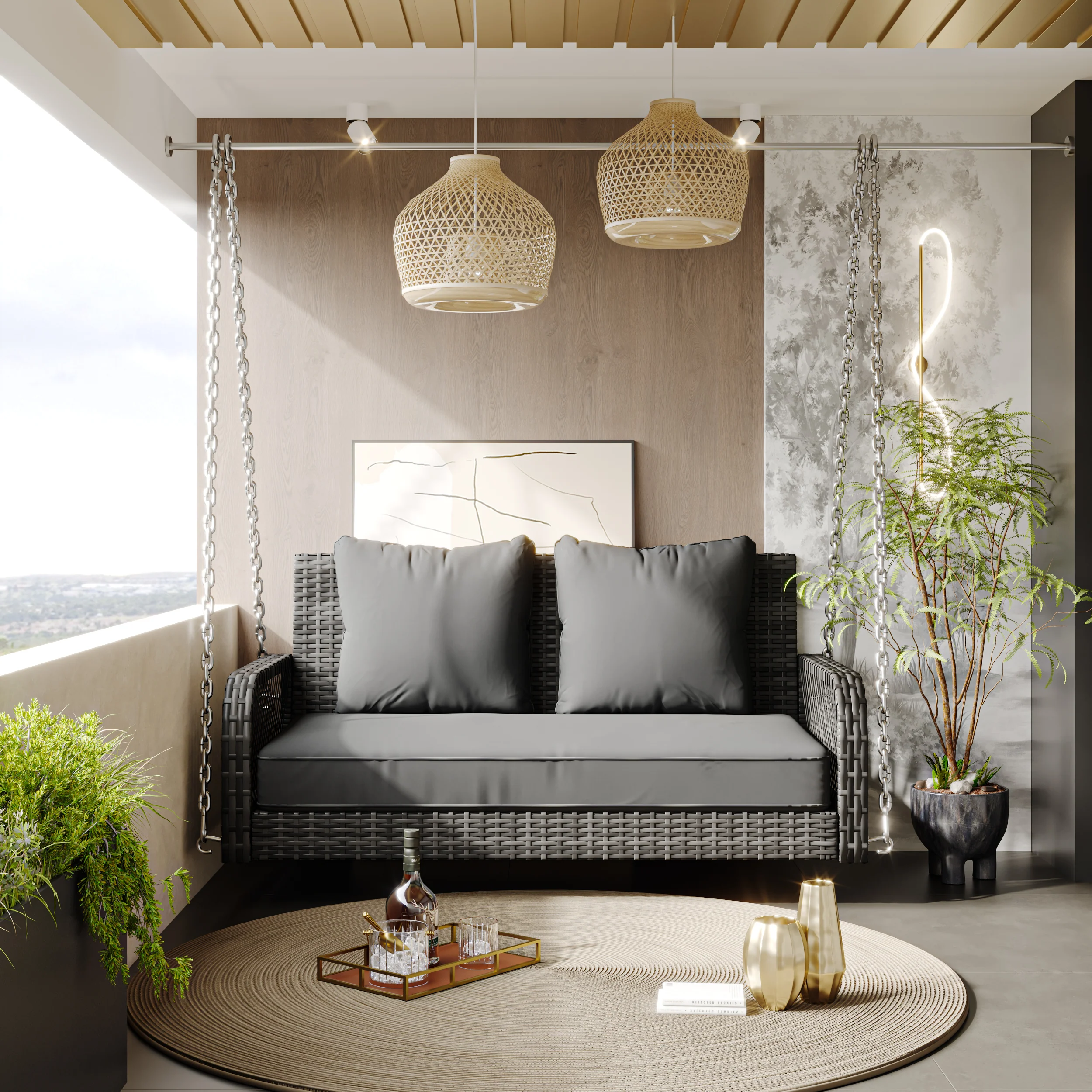 Hollywood Swing 2-Seater Outdoor Garden Set Grey Rattan
