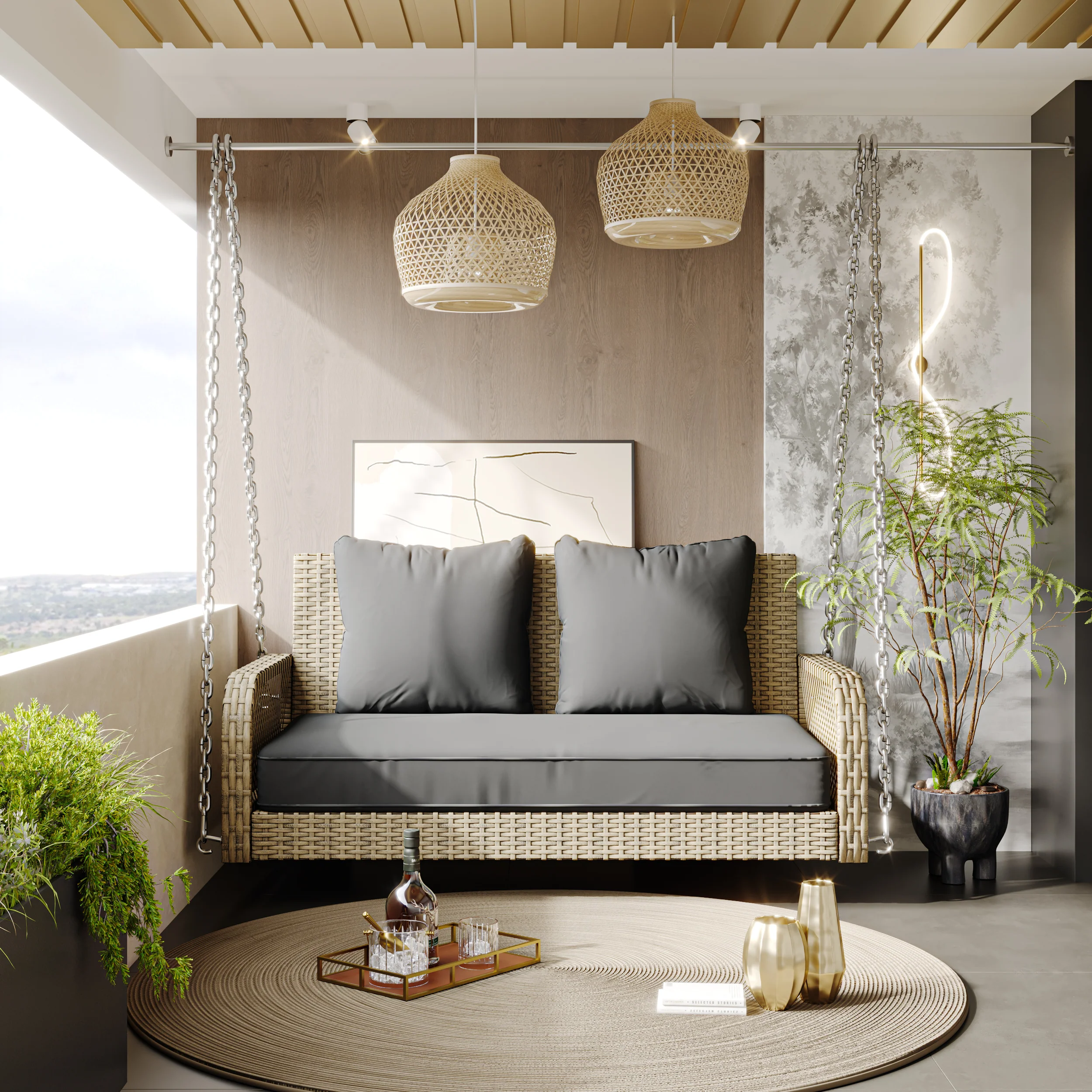 Hollywood Swing 2-Seater Outdoor Rattan, Beige/Grey Cushion
