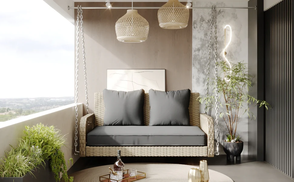 Hollywood Swing 2-Seater Outdoor Rattan, Beige/Grey Cushion - Image 2