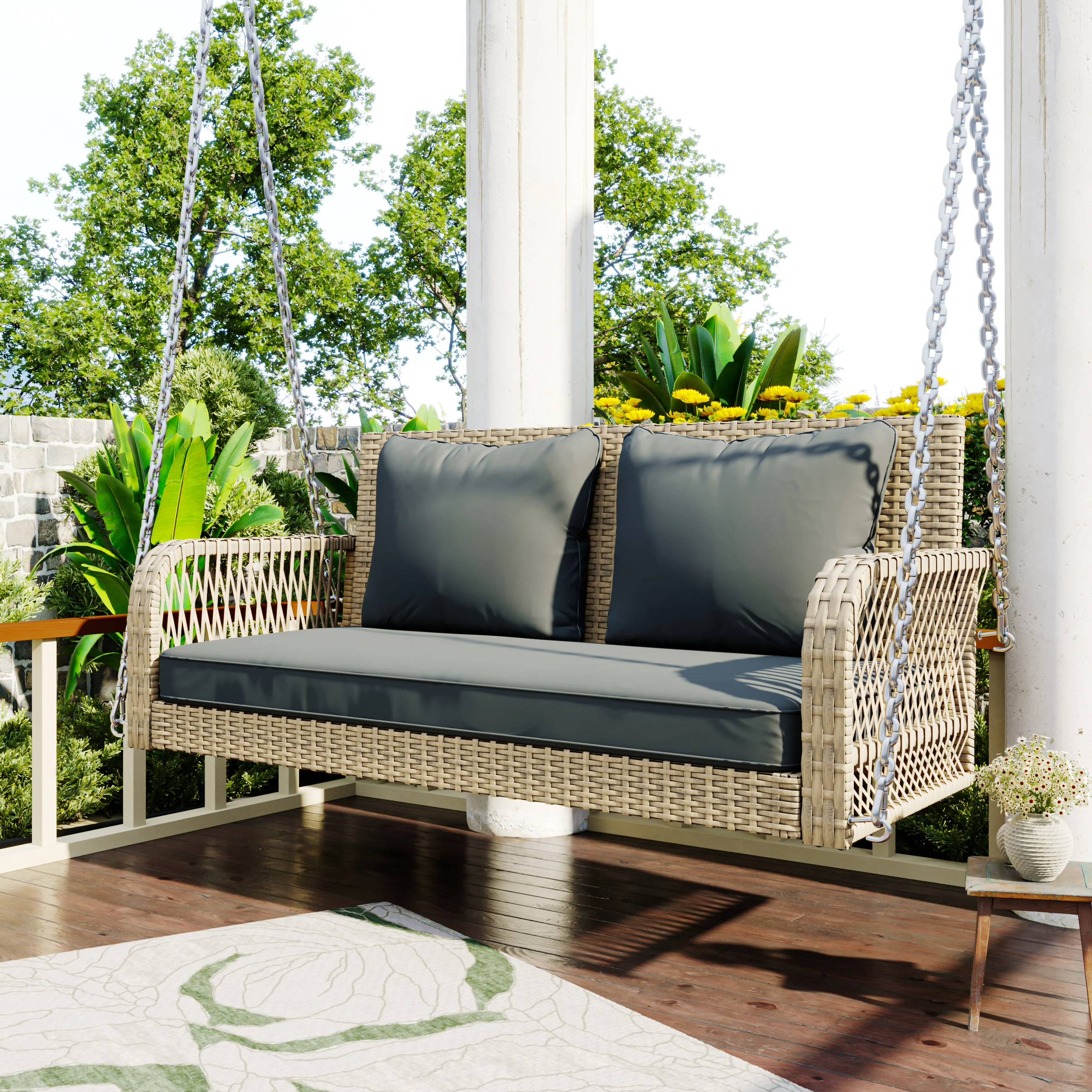 Hollywood Swing 2-Seater Outdoor Rattan, Beige/Grey Cushion - Image 3