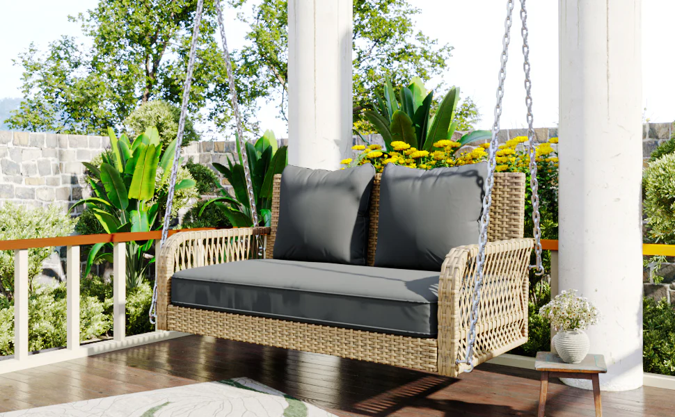 Hollywood Swing 2-Seater Outdoor Rattan, Beige/Grey Cushion - Image 4