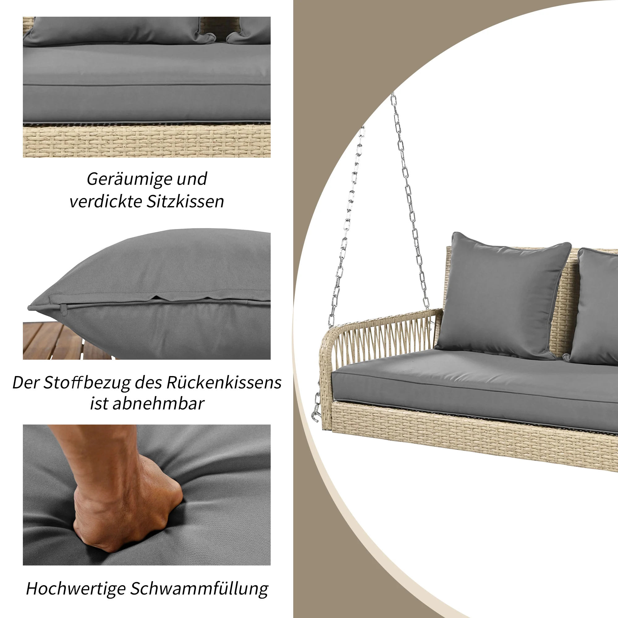 Hollywood Swing 2-Seater Outdoor Rattan, Beige/Grey Cushion - Image 6