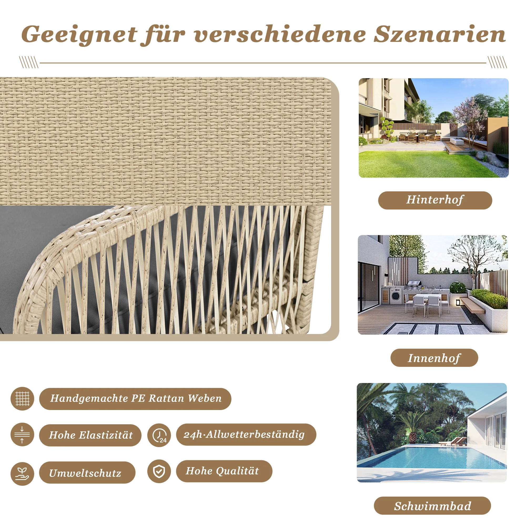 Hollywood Swing 2-Seater Outdoor Rattan, Beige/Grey Cushion - Image 7
