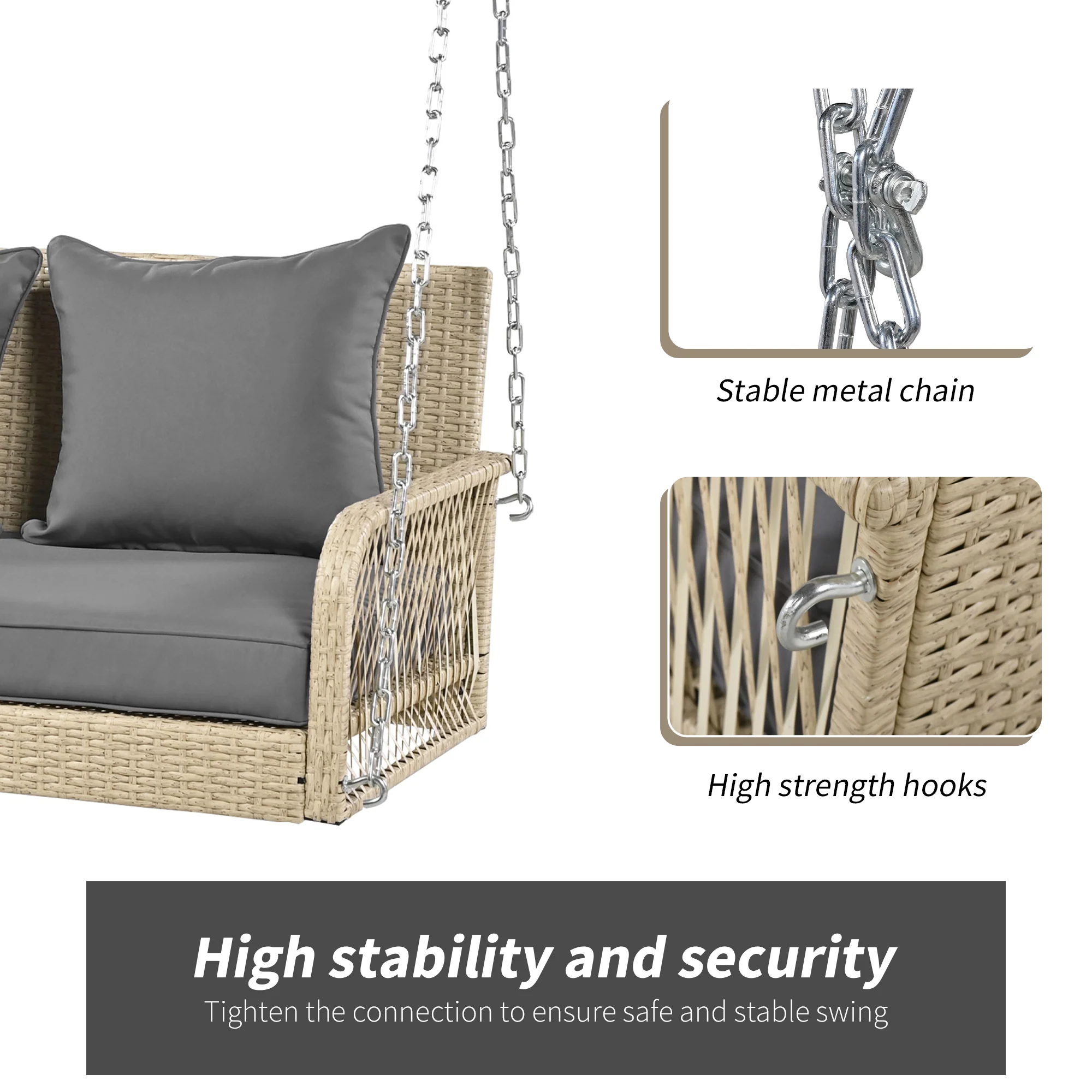 Hollywood Swing 2-Seater Outdoor Rattan, Beige/Grey Cushion - Image 8