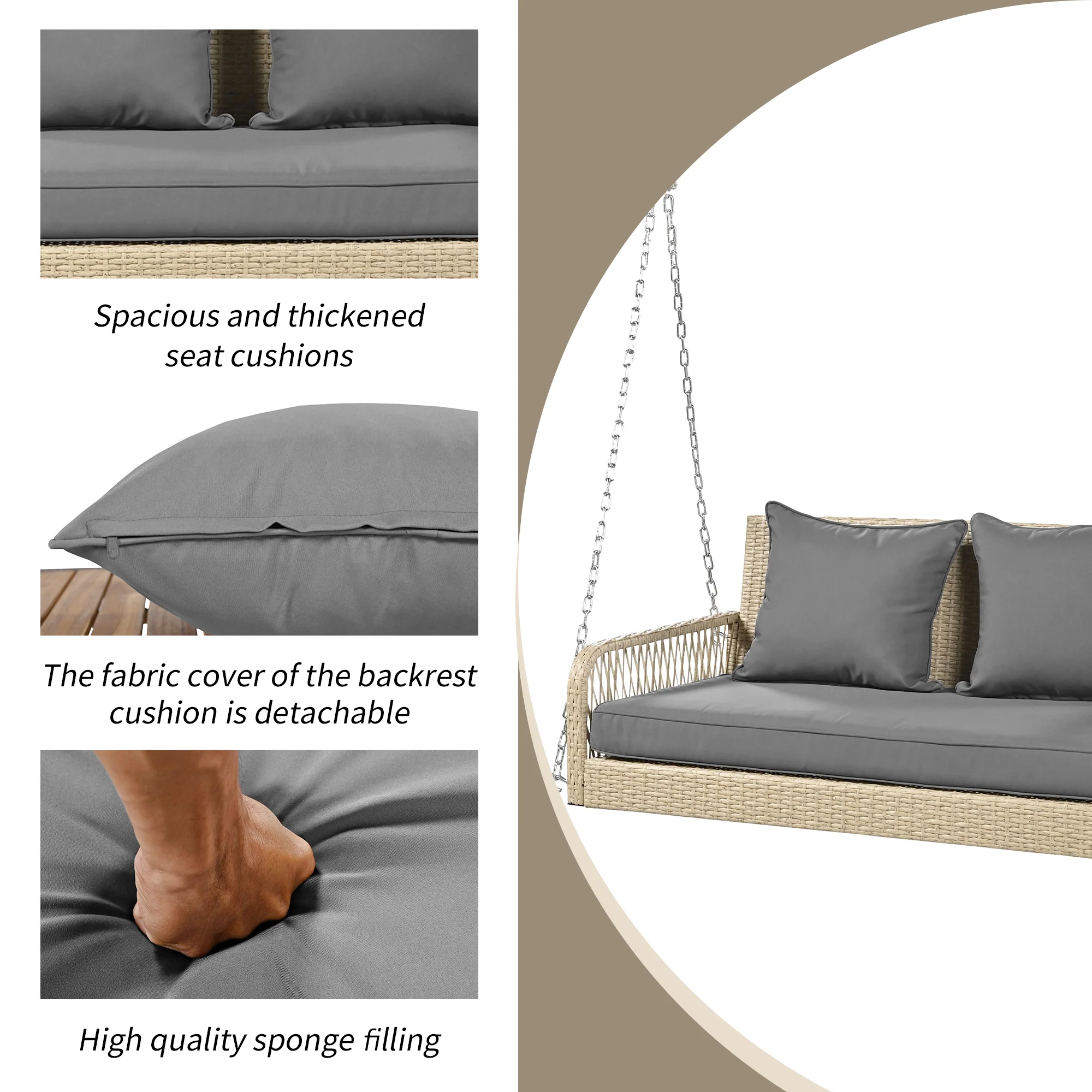 Hollywood Swing 2-Seater Outdoor Rattan, Beige/Grey Cushion - Image 9