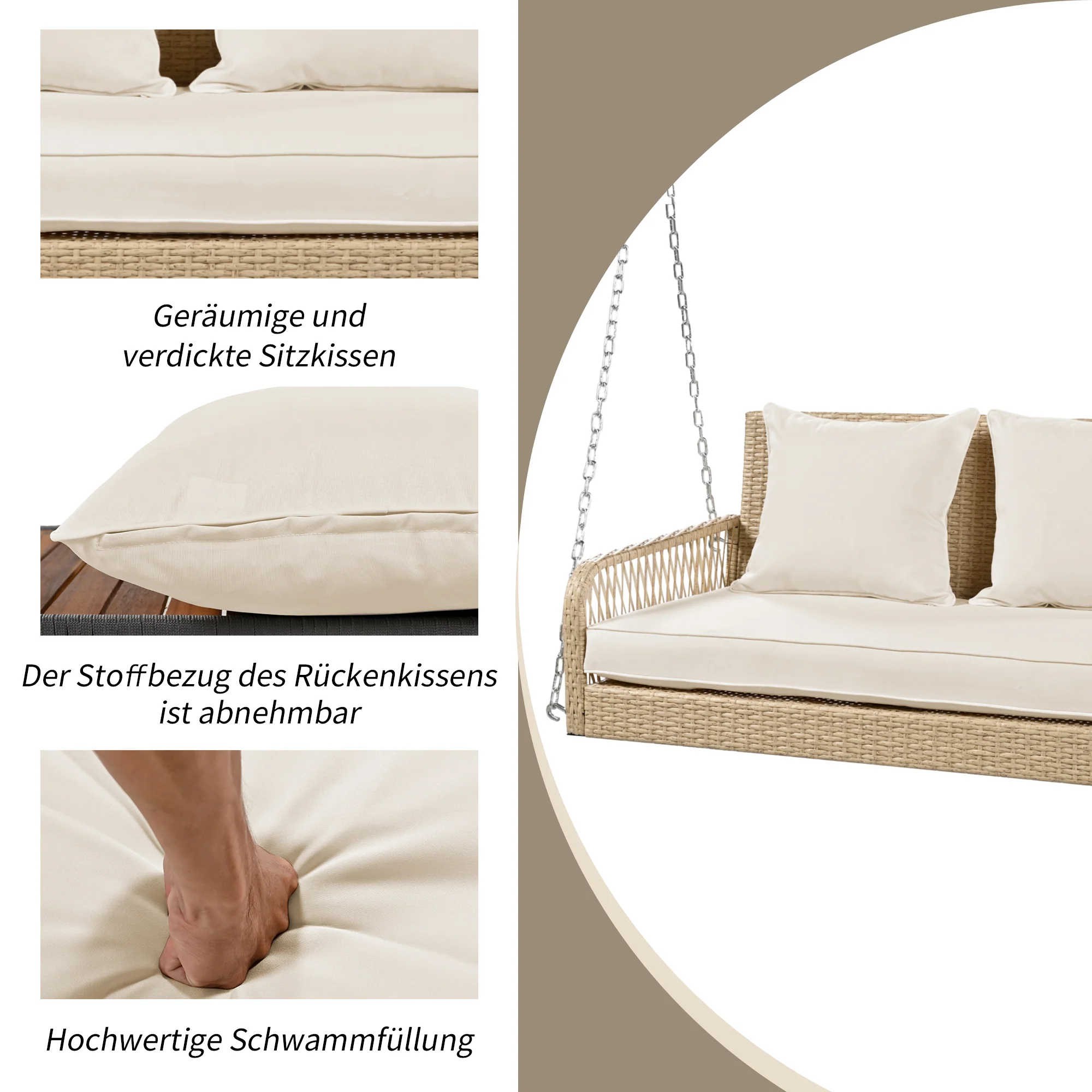 Hollywood Swing Garden Set 2-Seater Outdoor Rattan with Removable Cushions, Beige - Image 6