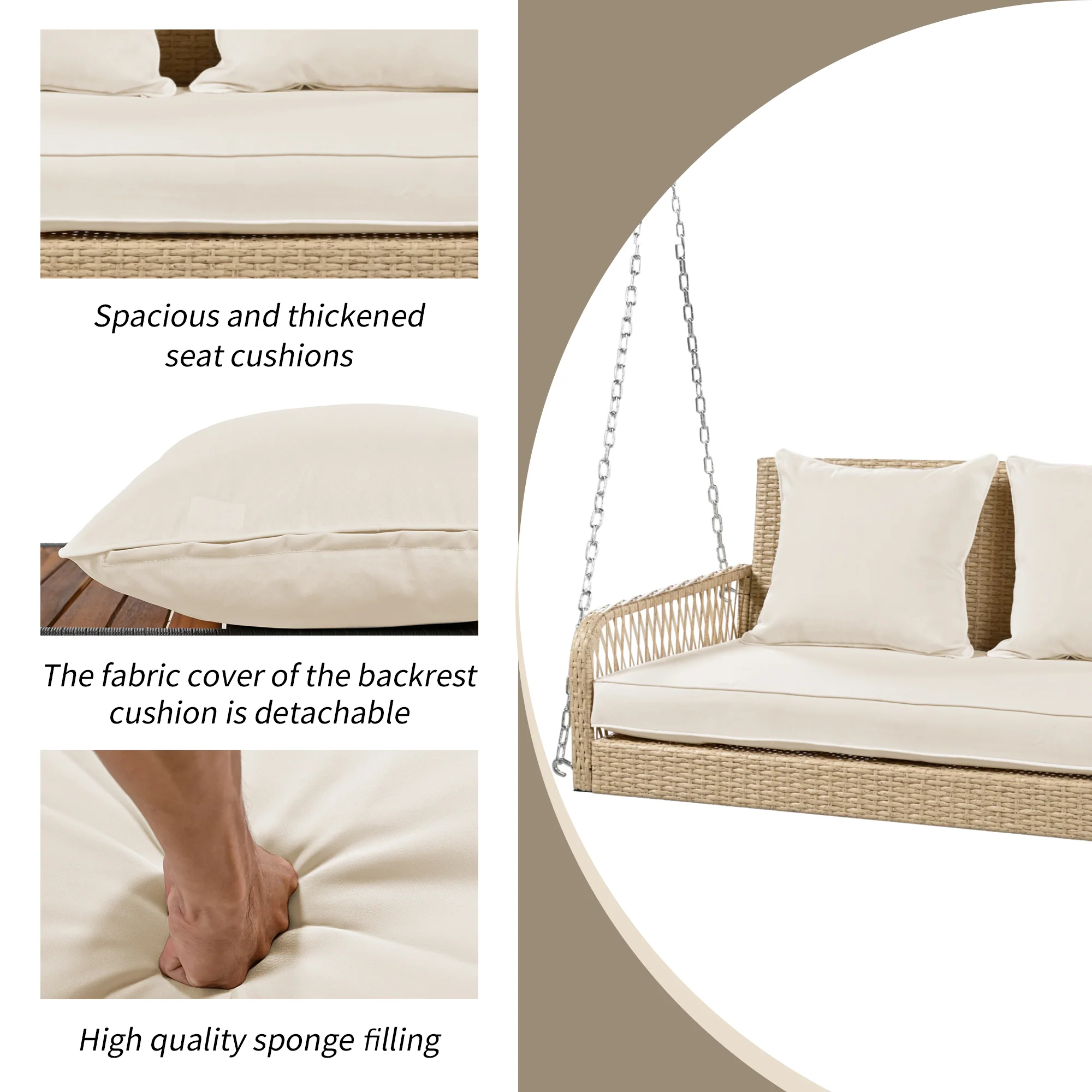 Hollywood Swing Garden Set 2-Seater Outdoor Rattan with Removable Cushions, Beige - Image 9
