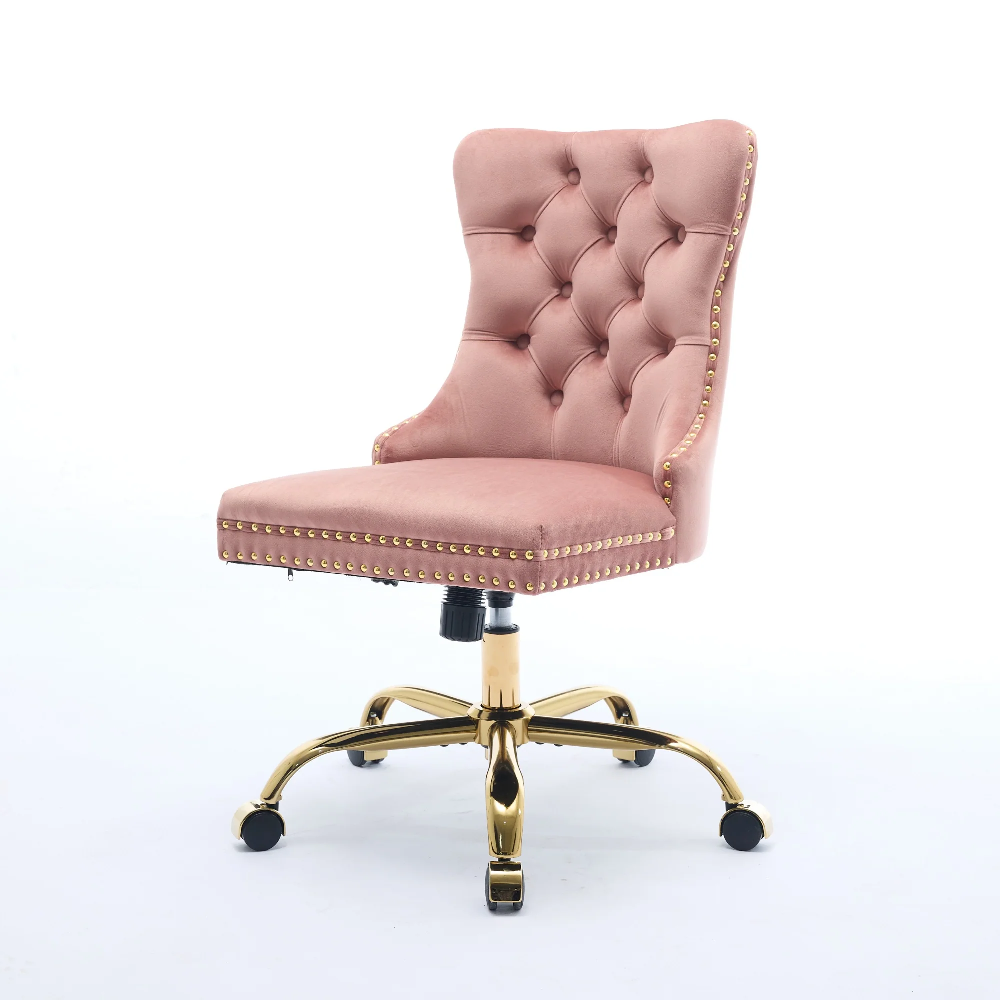 Home Office Chair Modern Velvet Upholstered Tufted Button Adjustable Swivel Golden Base - Pink - Image 4