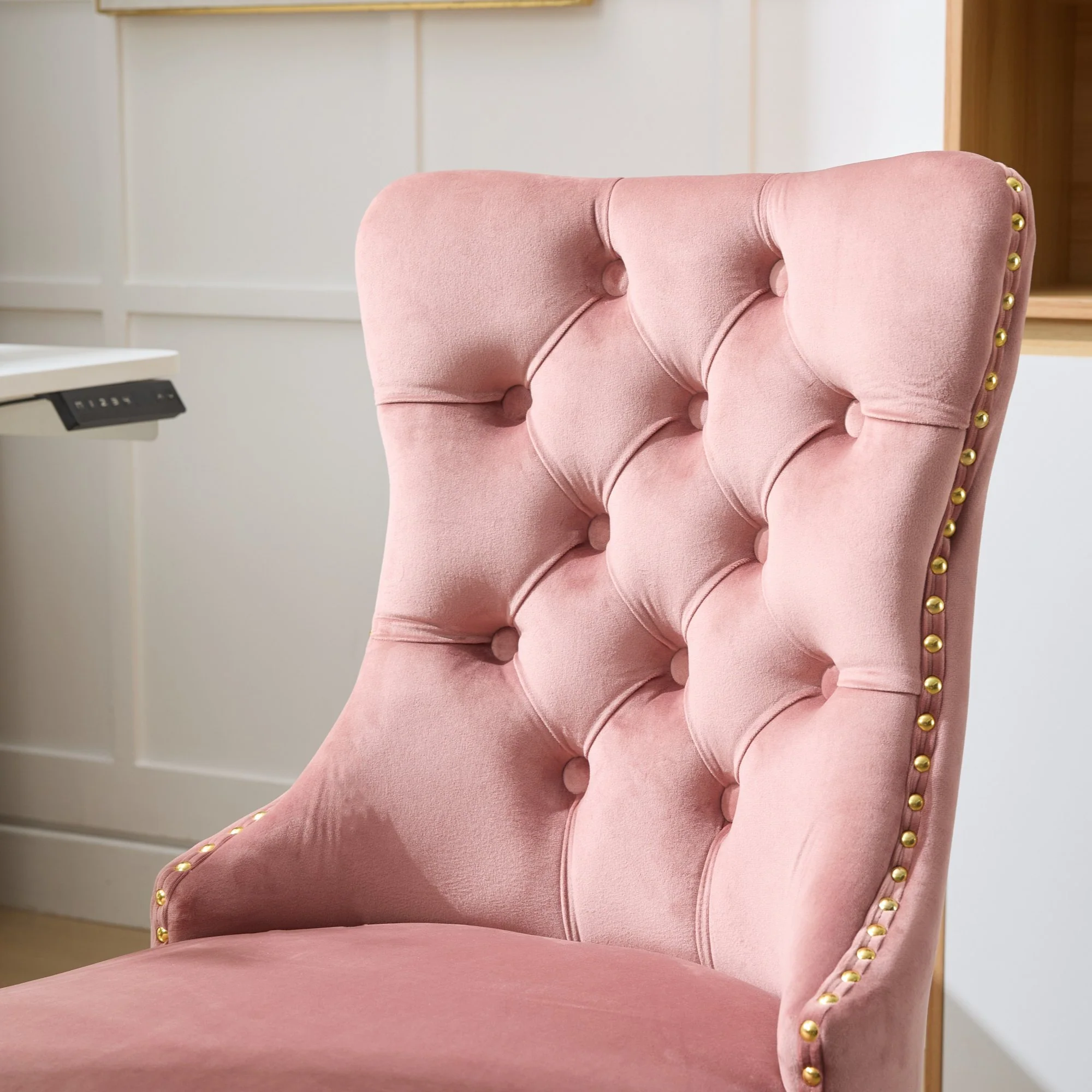 Home Office Chair Modern Velvet Upholstered Tufted Button Adjustable Swivel Golden Base - Pink - Image 9