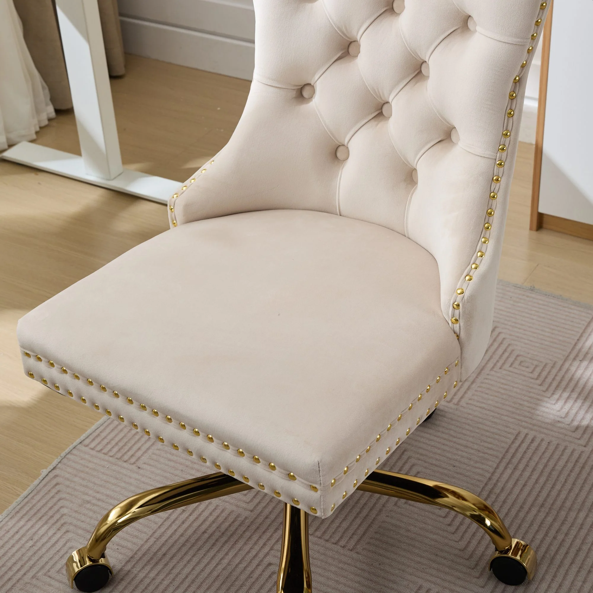 Home Office Chair Tufted Adjustable Swivel Golden Base - Beige Velvet - Image 10