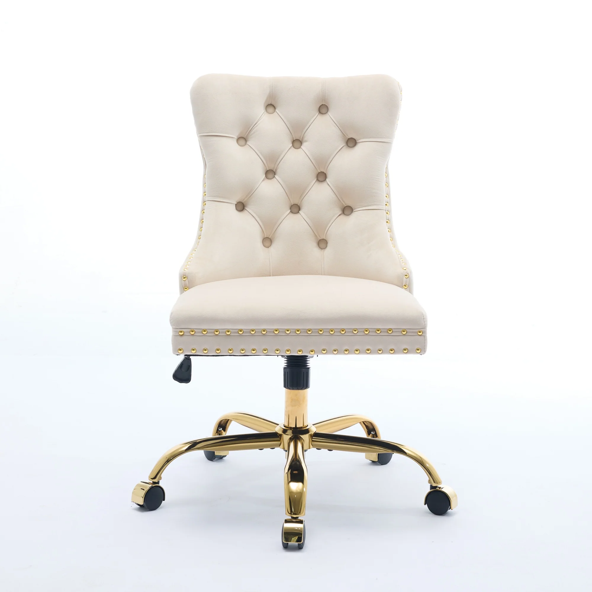 Home Office Chair Tufted Adjustable Swivel Golden Base - Beige Velvet - Image 2
