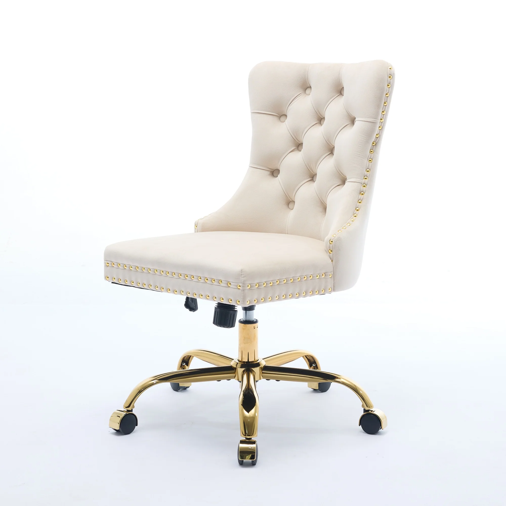Home Office Chair Tufted Adjustable Swivel Golden Base - Beige Velvet - Image 3