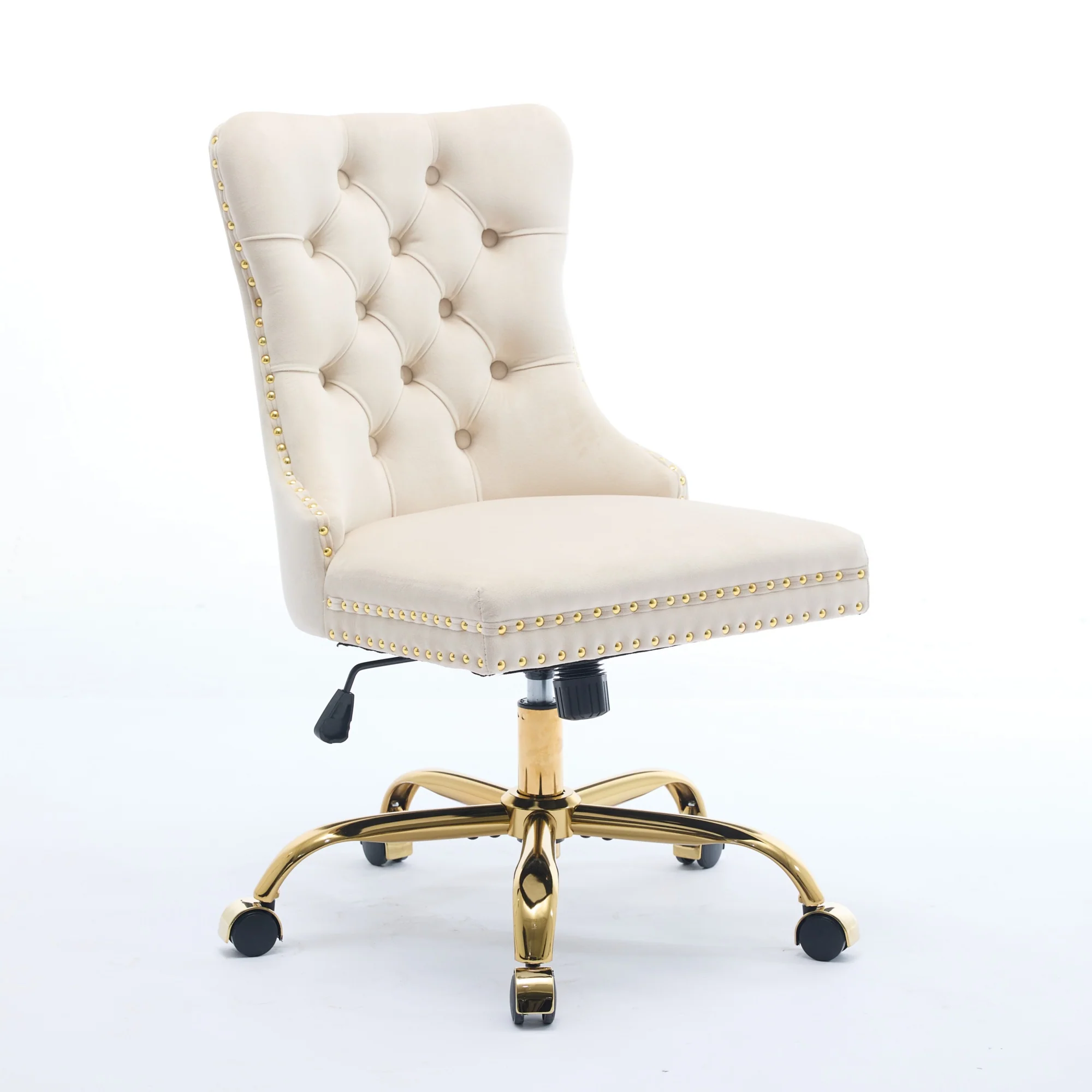 Home Office Chair Tufted Adjustable Swivel Golden Base - Beige Velvet - Image 7