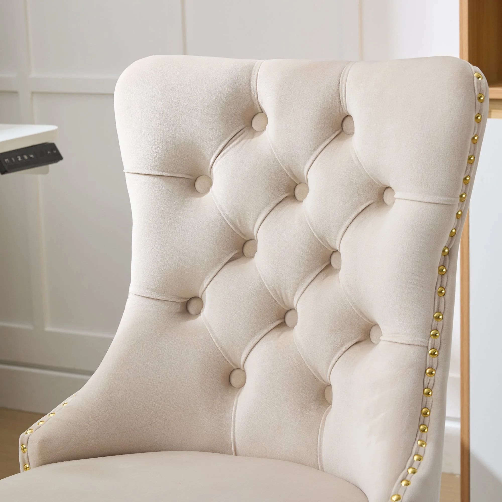 Home Office Chair Tufted Adjustable Swivel Golden Base - Beige Velvet - Image 9