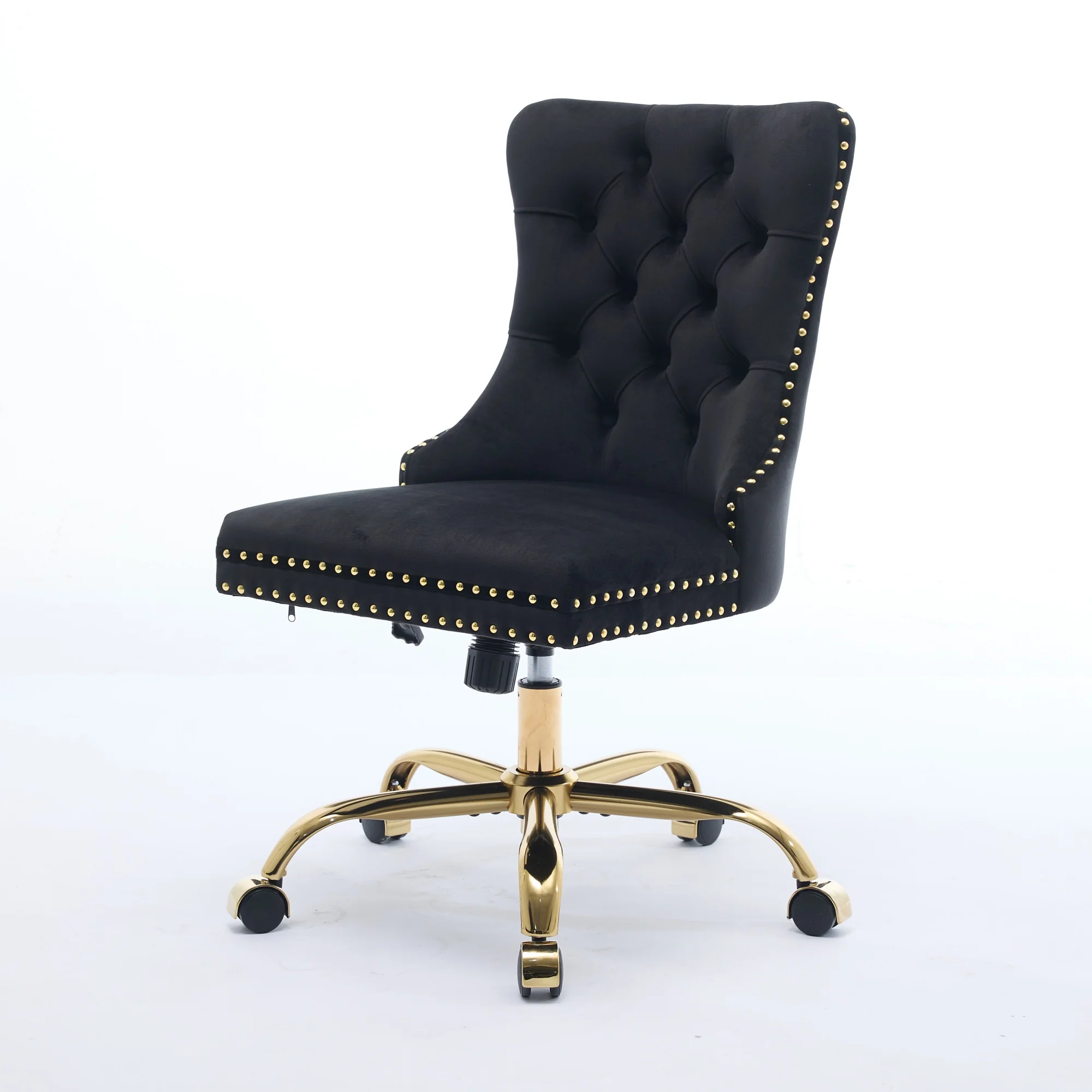 Home Office Chair Velvet Upholstered Tufted Swivel Adjustable Golden Base - Black - Image 3