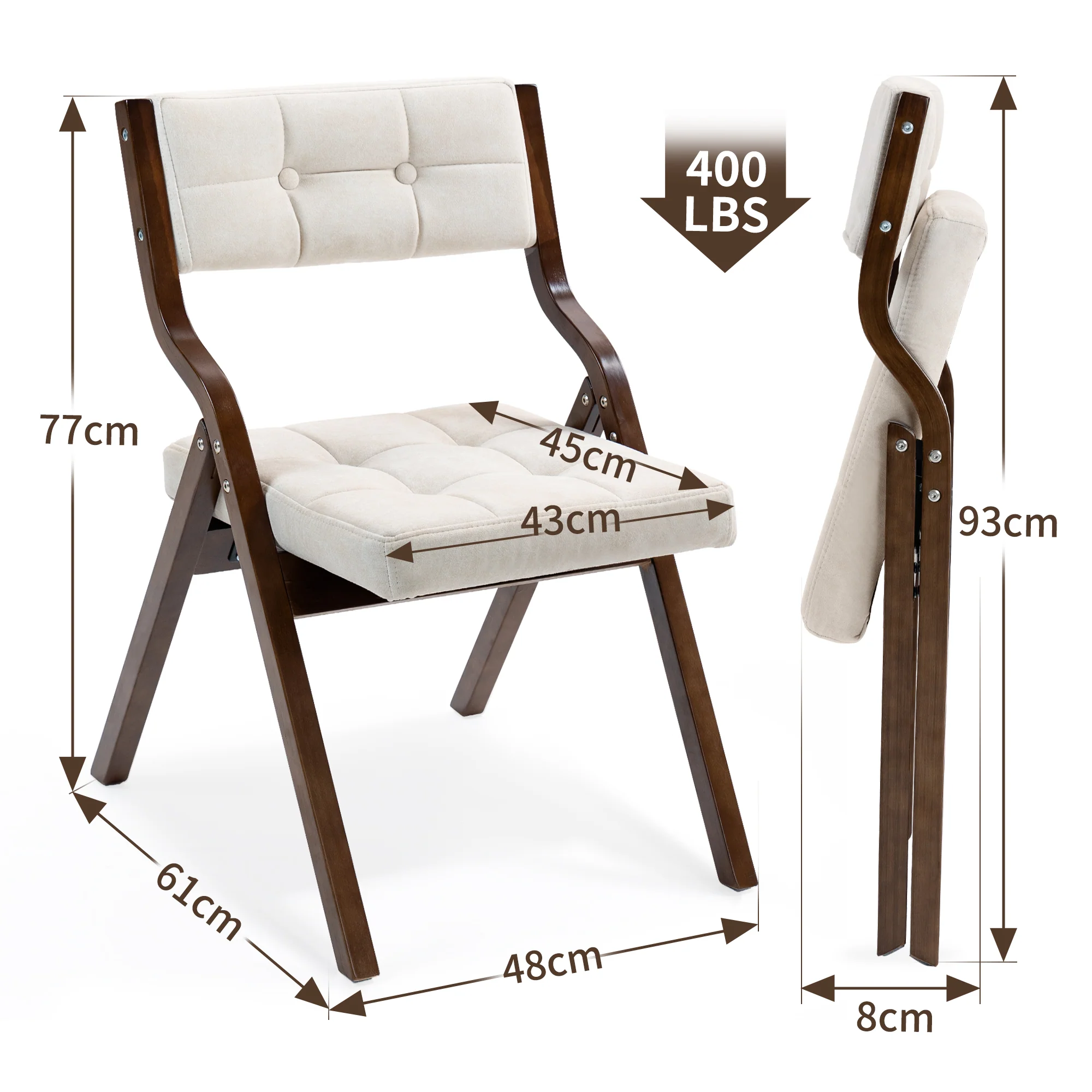 HOMEFUN Wooden Folding Chairs with Cushion, 2 Pack - Cream - Image 6