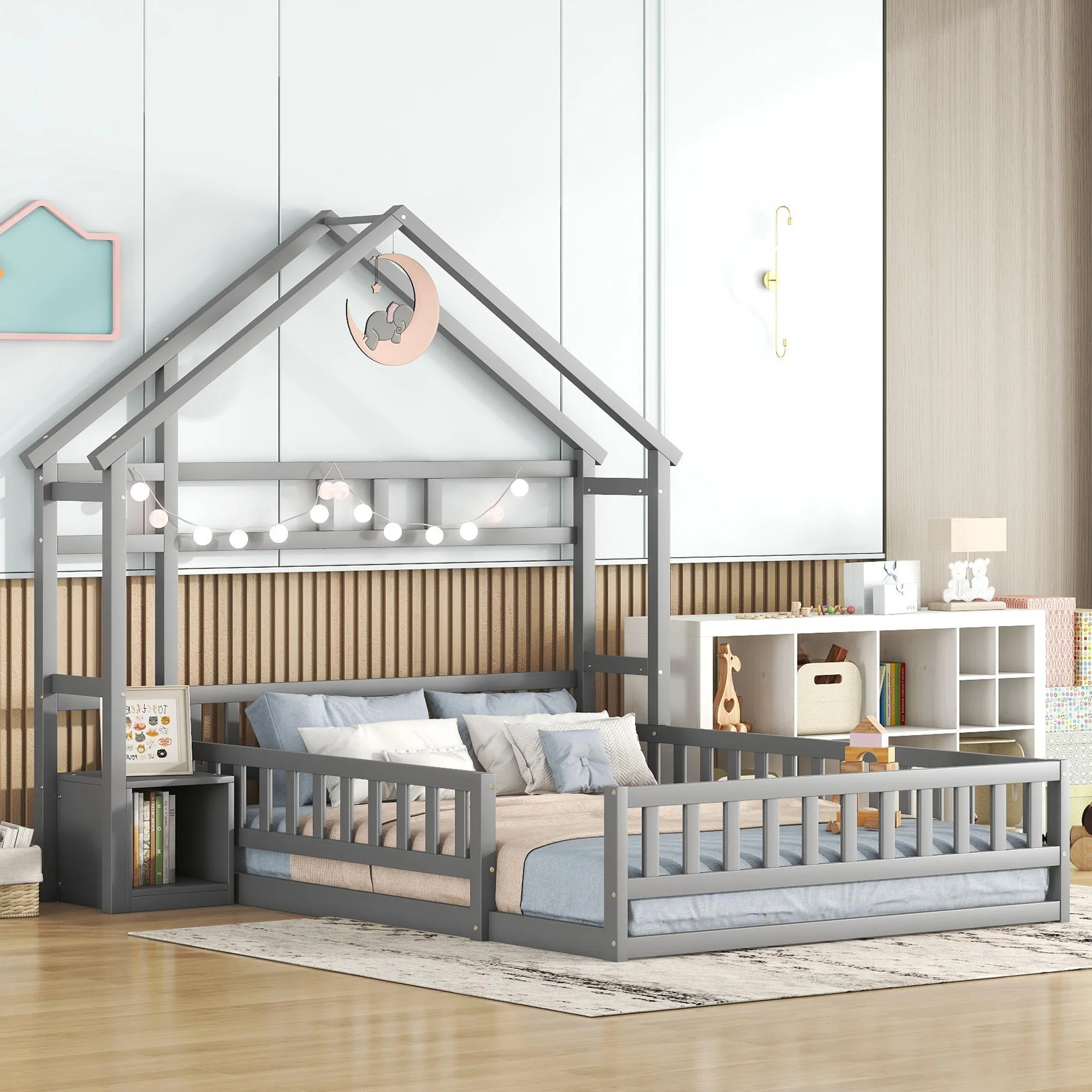 House Bed 140x190cm Railings Bedside Tables - Grey - Image 3