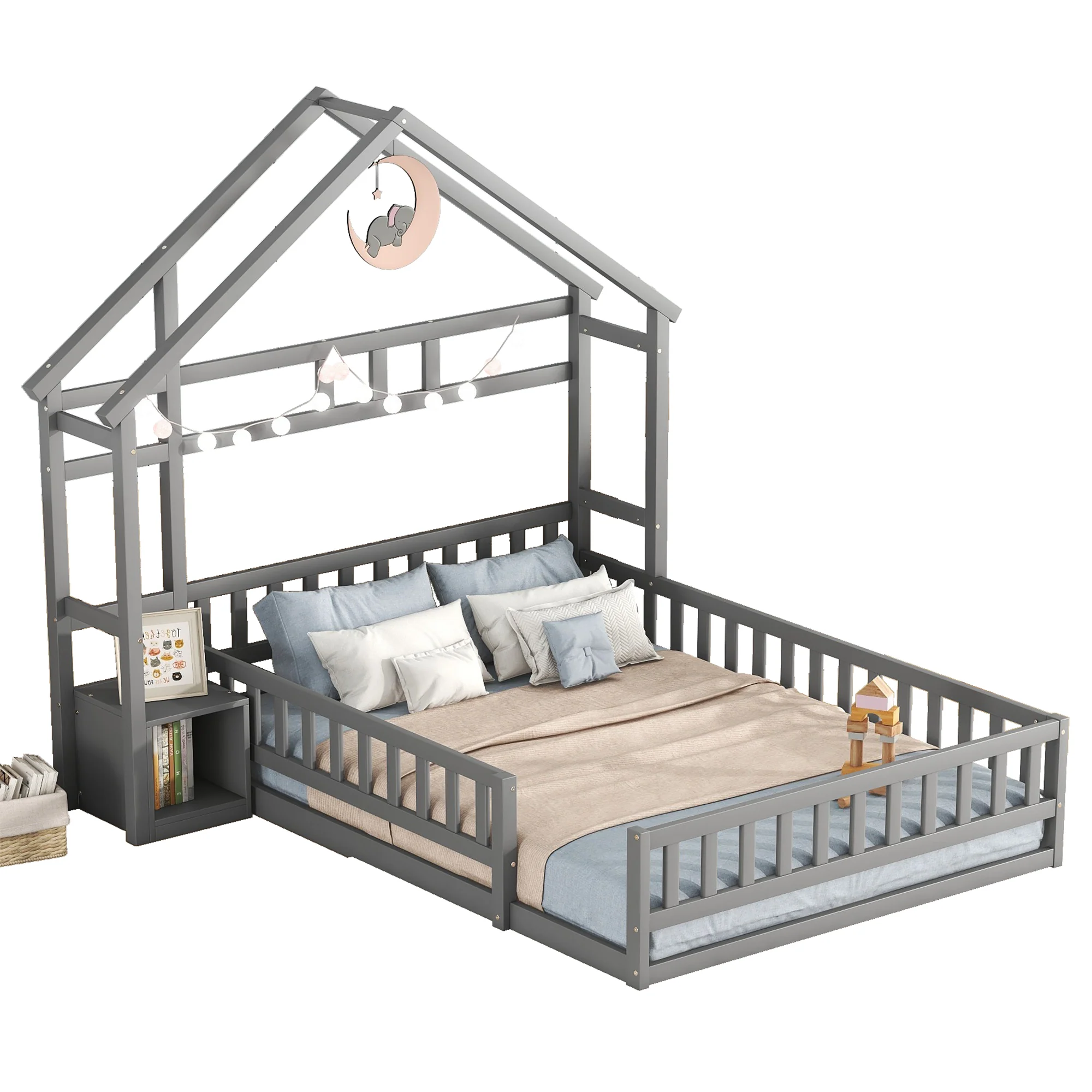 House Bed 140x190cm Railings Bedside Tables - Grey - Image 4