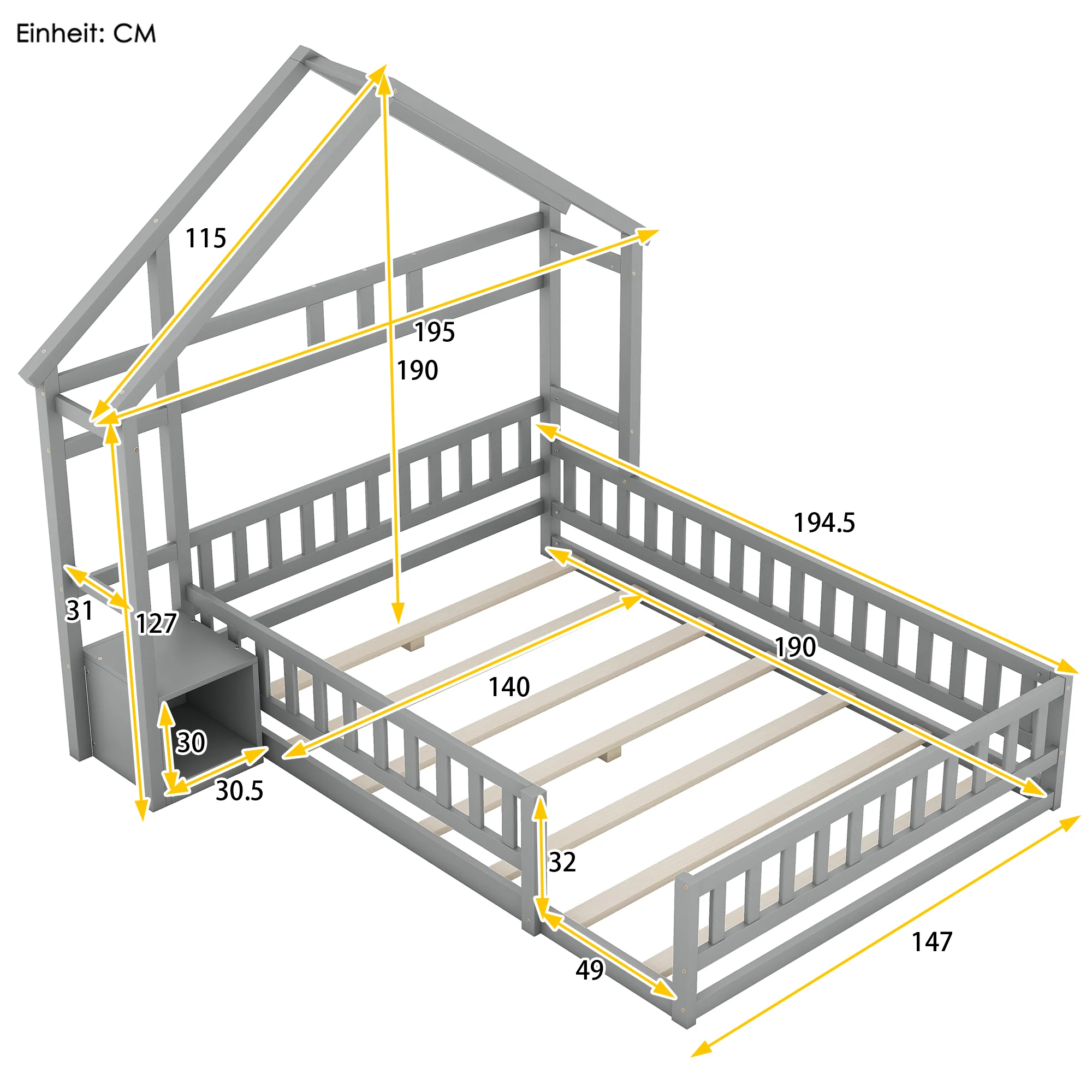 House Bed 140x190cm Railings Bedside Tables - Grey - Image 5