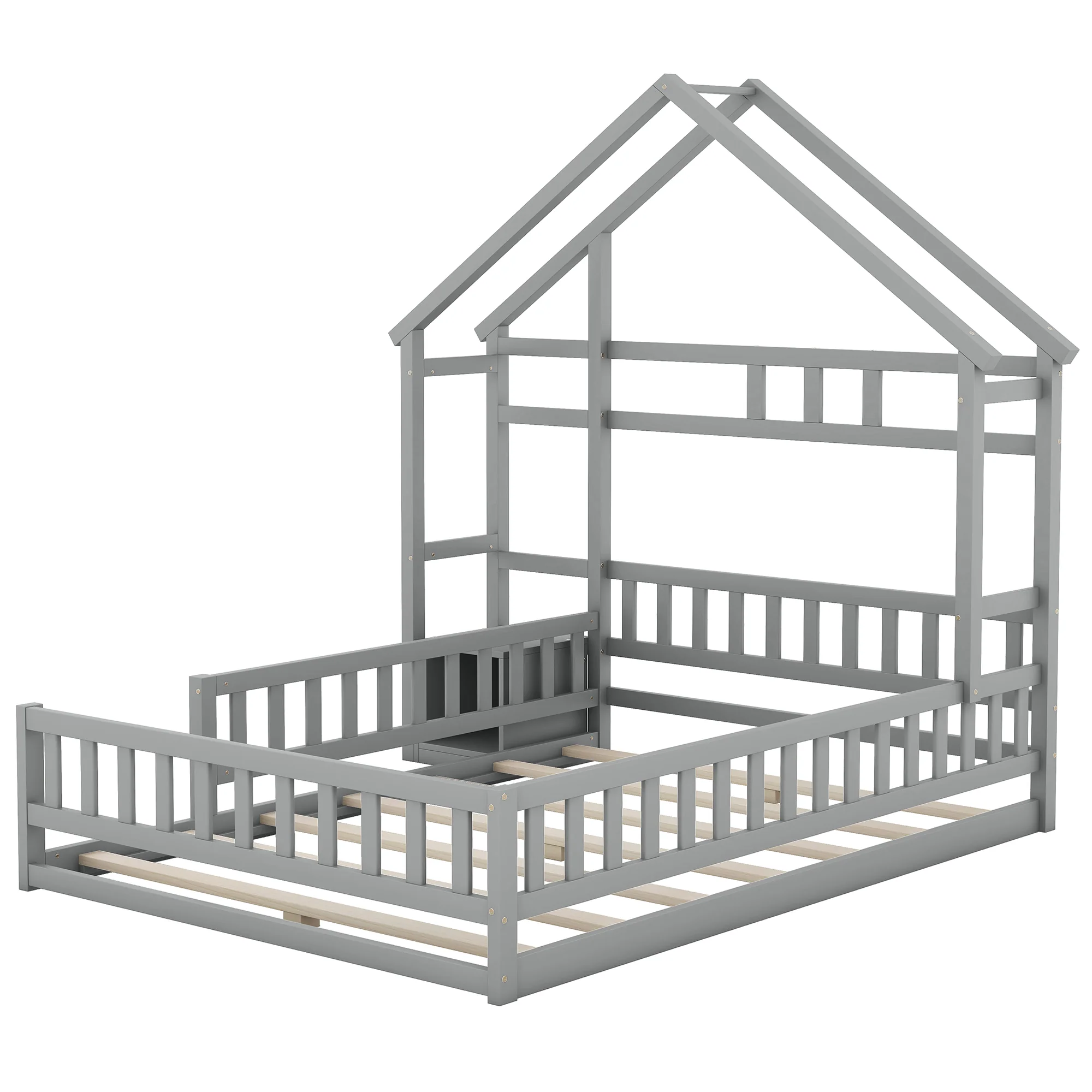 House Bed 140x190cm Railings Bedside Tables - Grey - Image 8