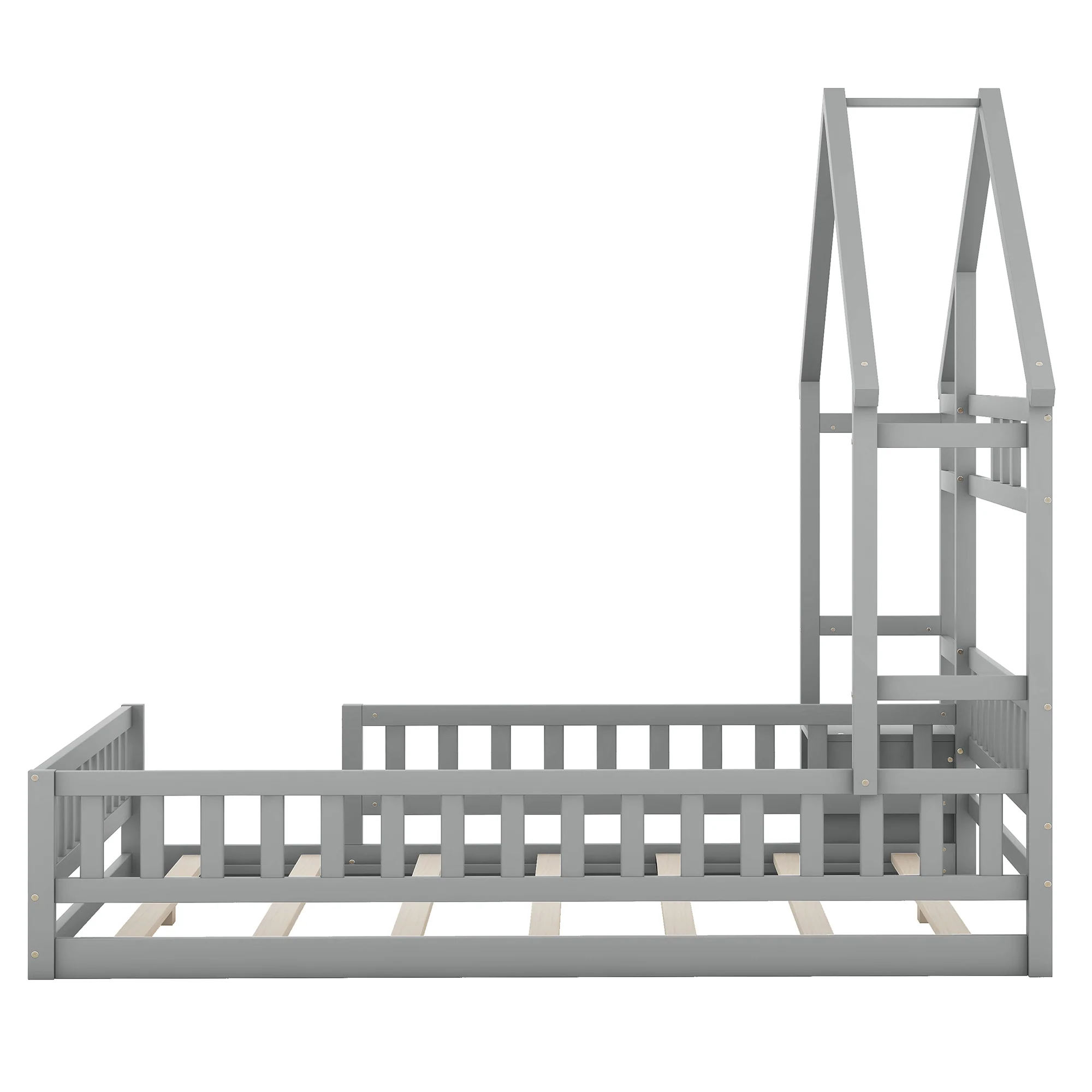 House Bed 140x190cm Railings Bedside Tables - Grey - Image 9