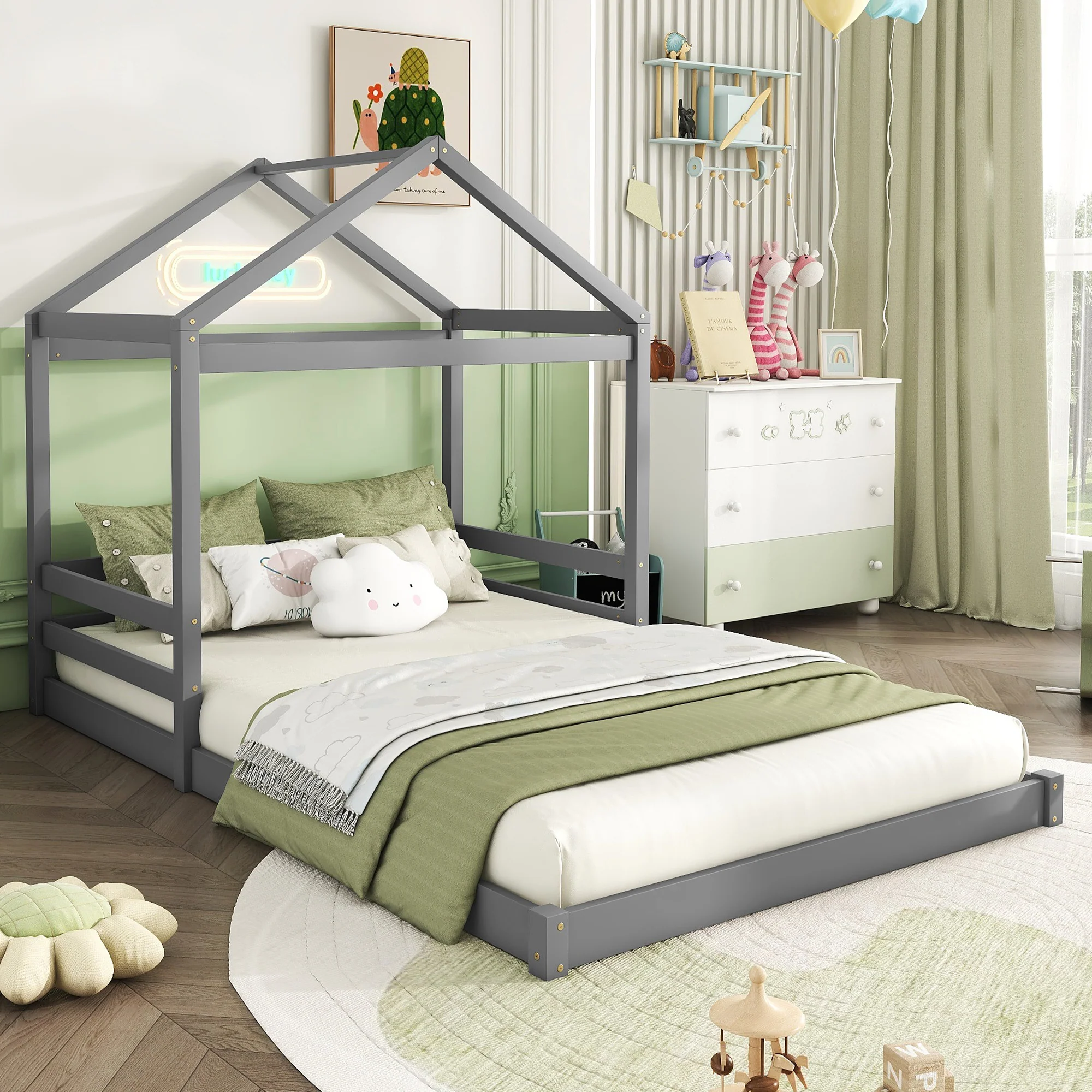 House Bed 140x200cm House Shape Slatted Base - Pine Wood Grey