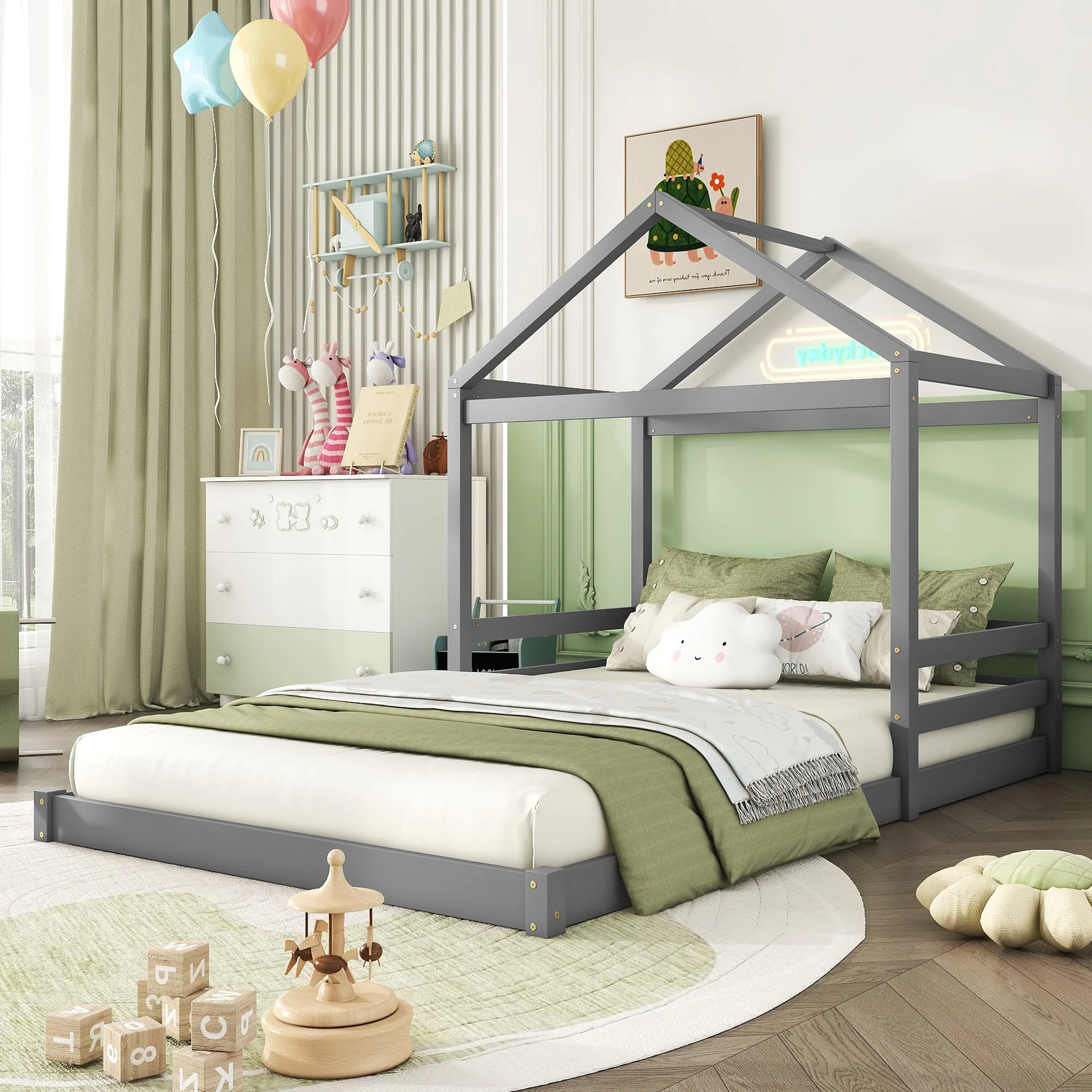 House Bed 140x200cm House Shape Slatted Base - Pine Wood Grey - Image 2