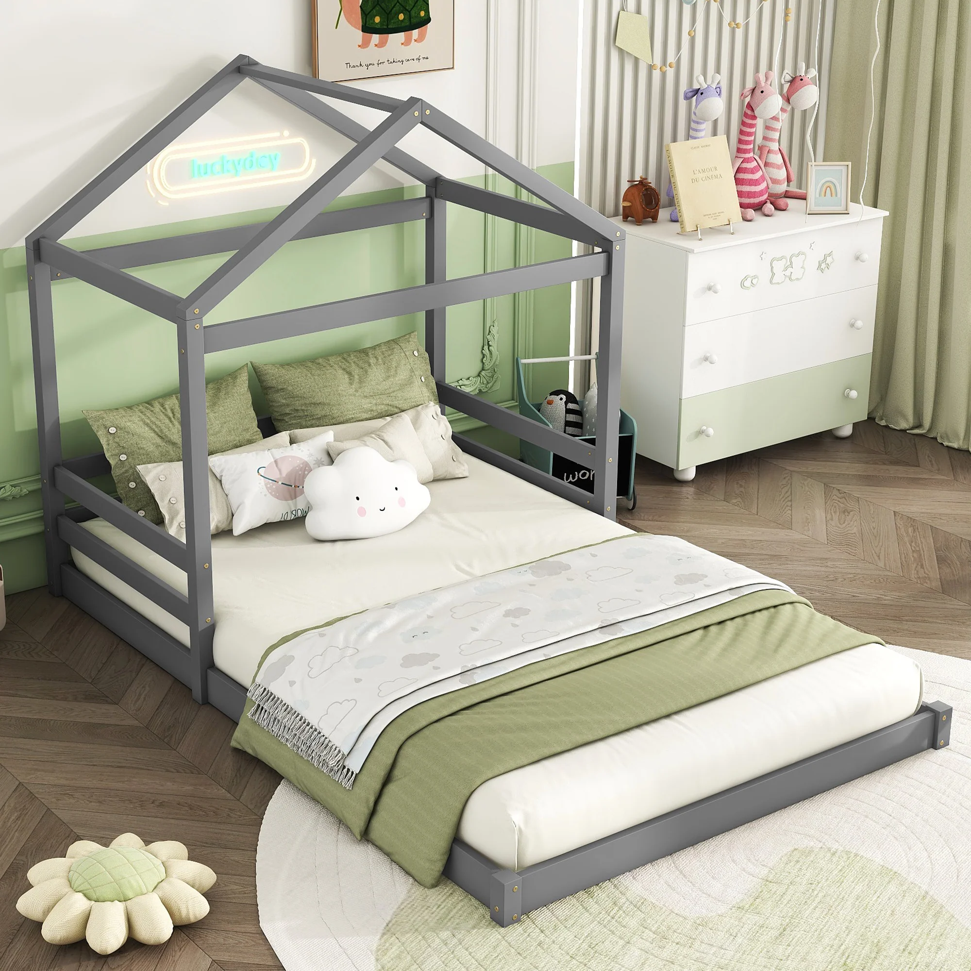 House Bed 140x200cm House Shape Slatted Base - Pine Wood Grey - Image 3
