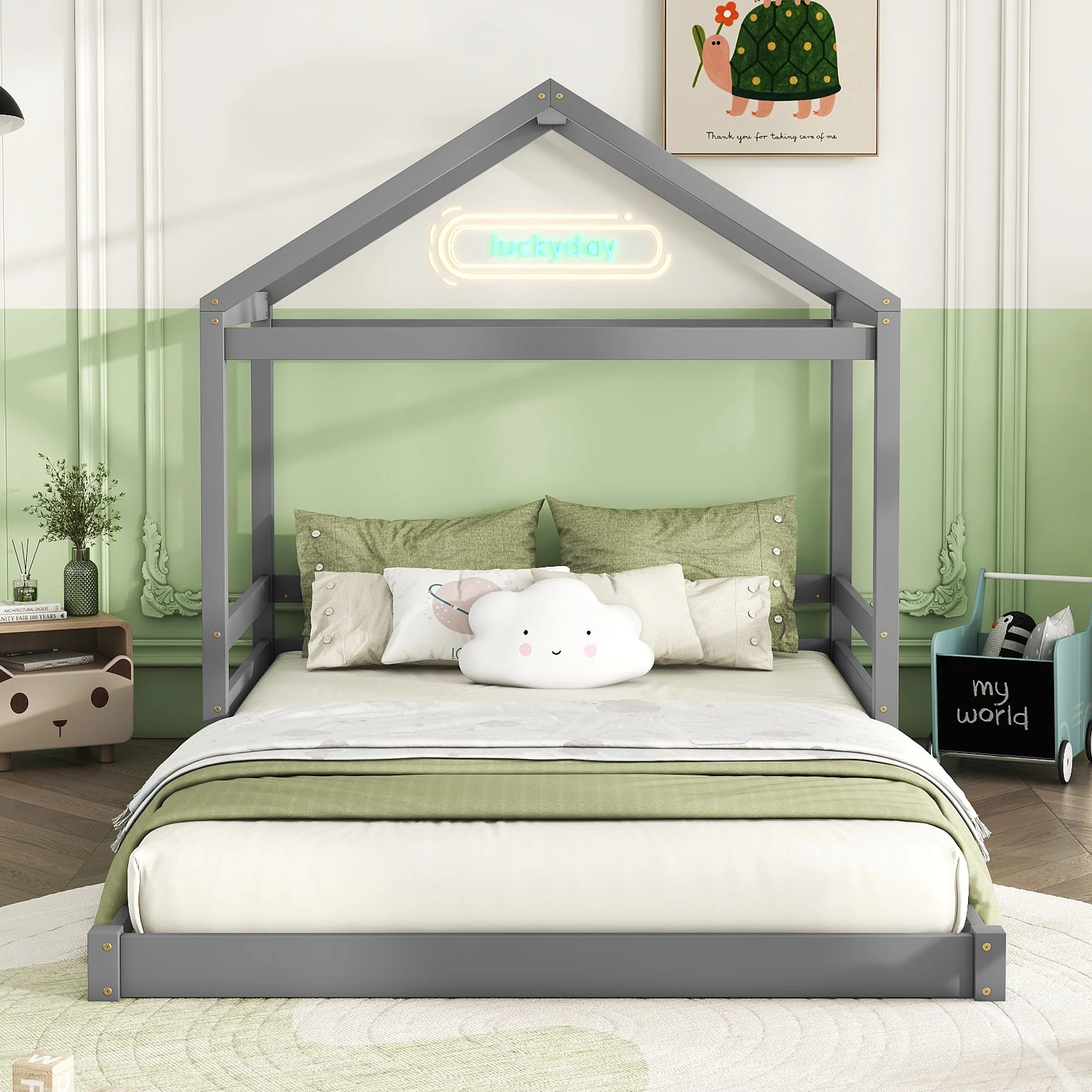 House Bed 140x200cm House Shape Slatted Base - Pine Wood Grey - Image 4