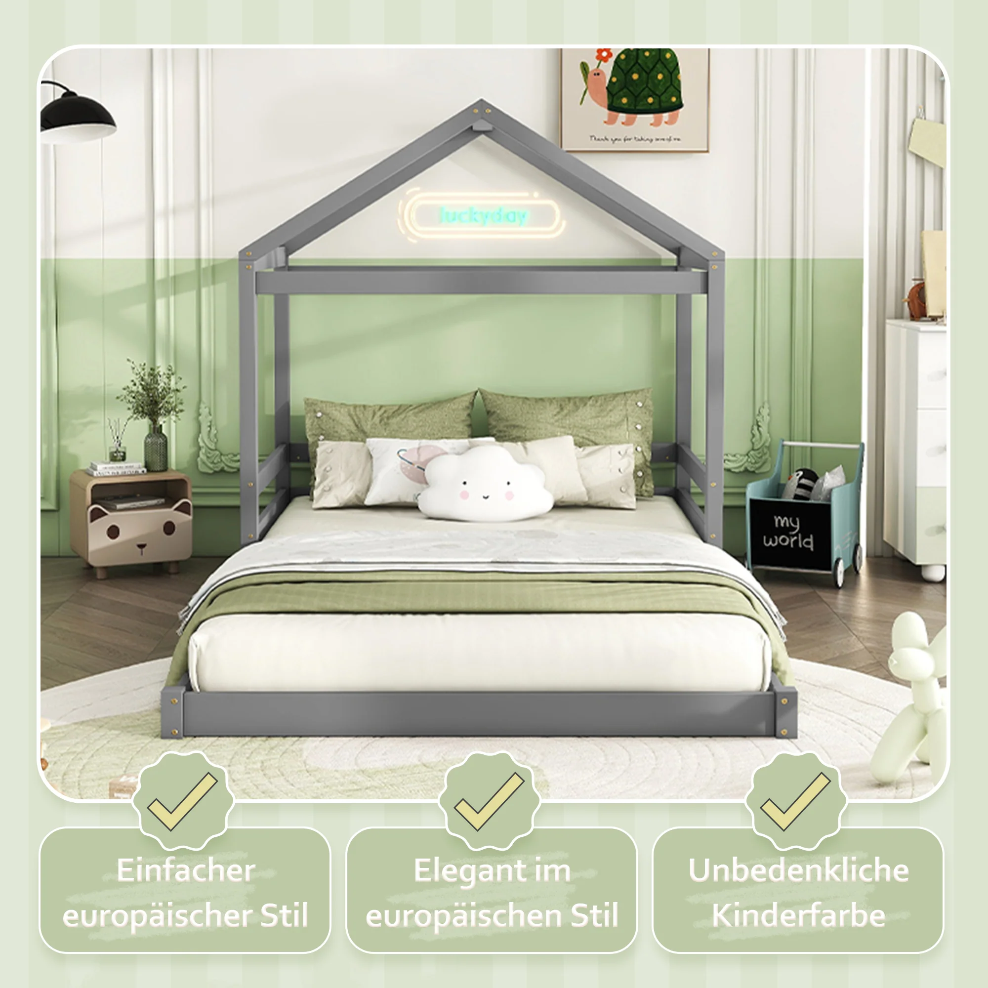 House Bed 140x200cm House Shape Slatted Base - Pine Wood Grey - Image 5