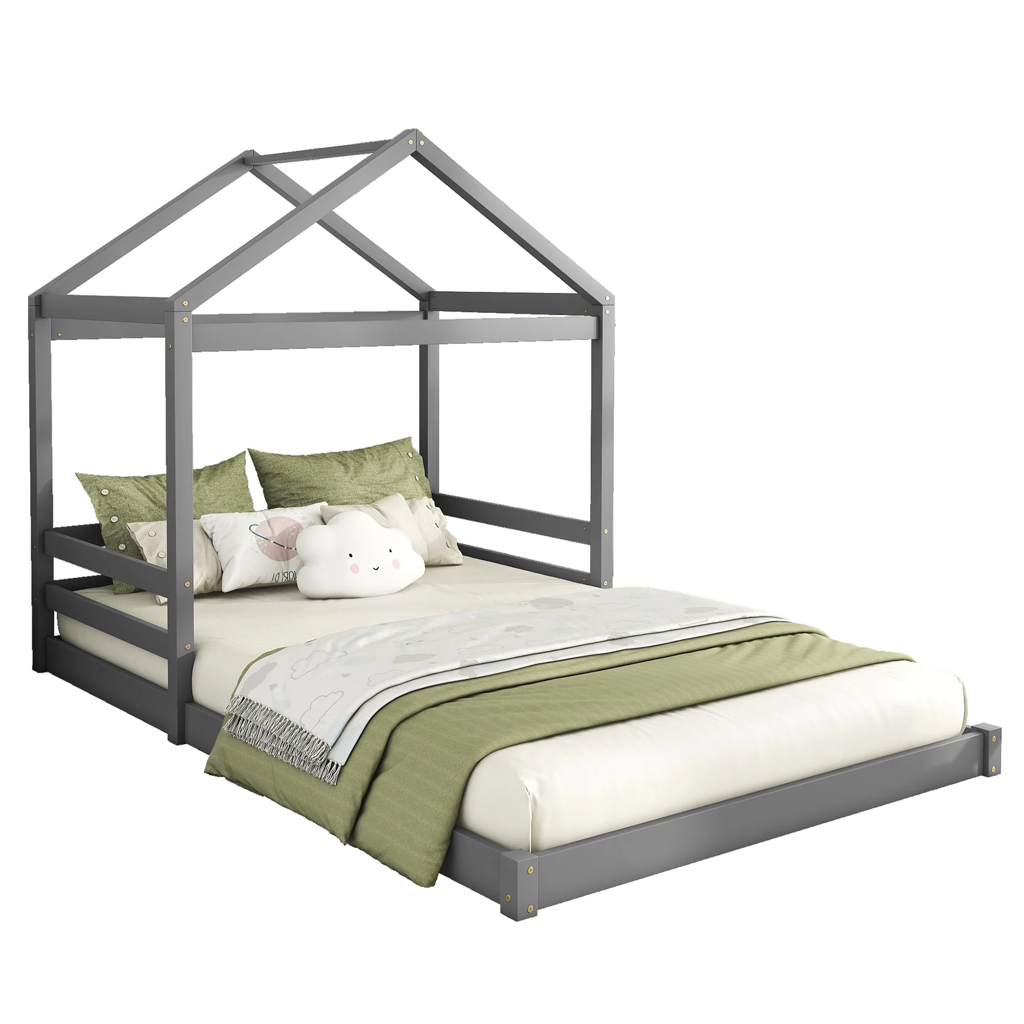 House Bed 140x200cm House Shape Slatted Base - Pine Wood Grey - Image 7