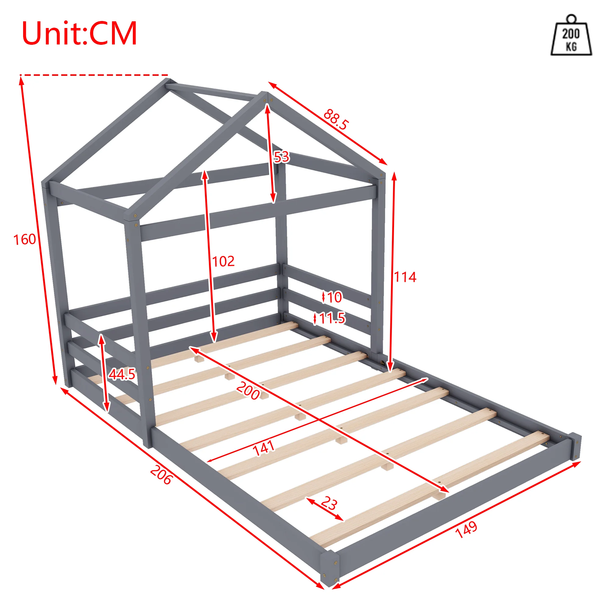 House Bed 140x200cm House Shape Slatted Base - Pine Wood Grey - Image 8