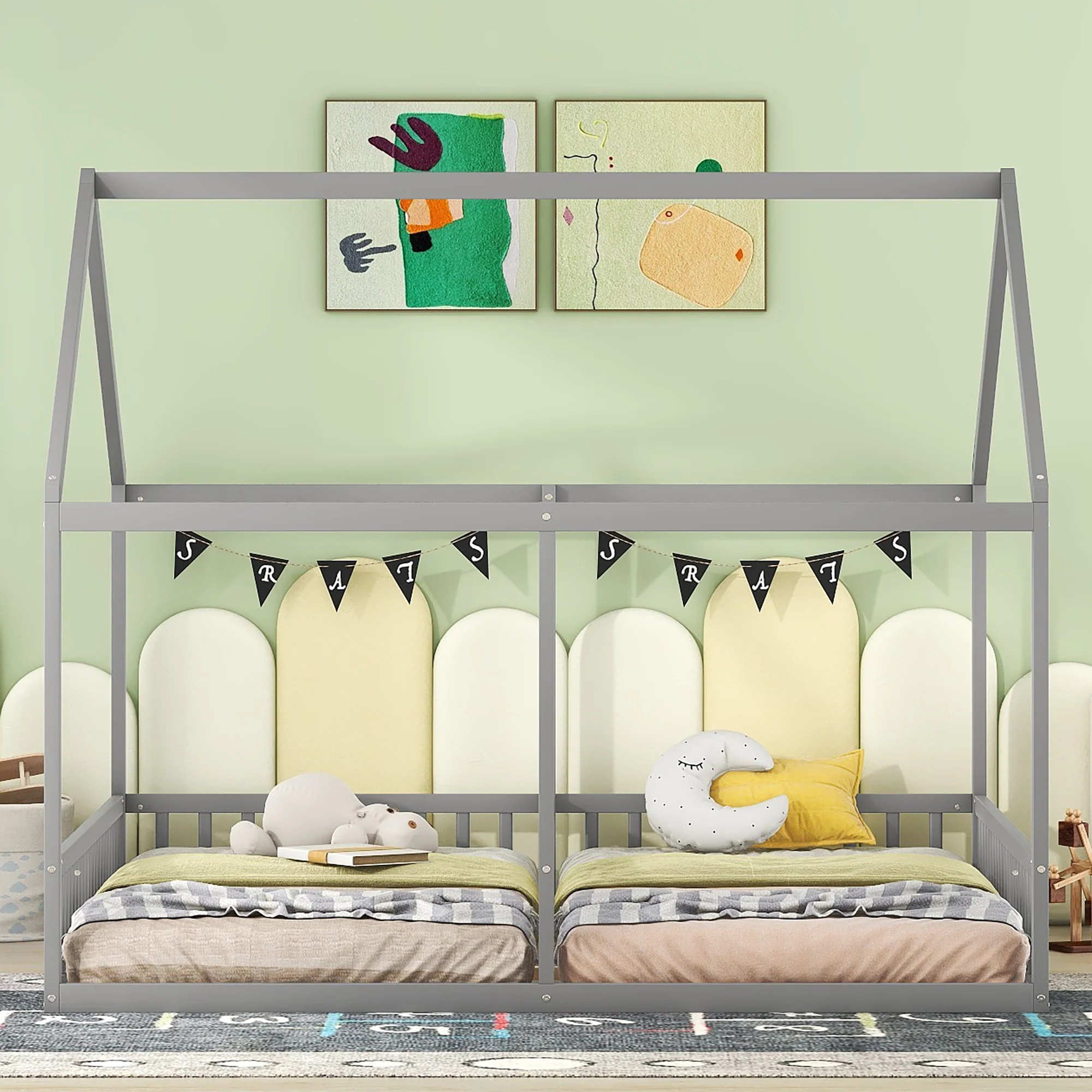 House Bed 90x200cm 2-in-1 Single Bed Grey - Image 2