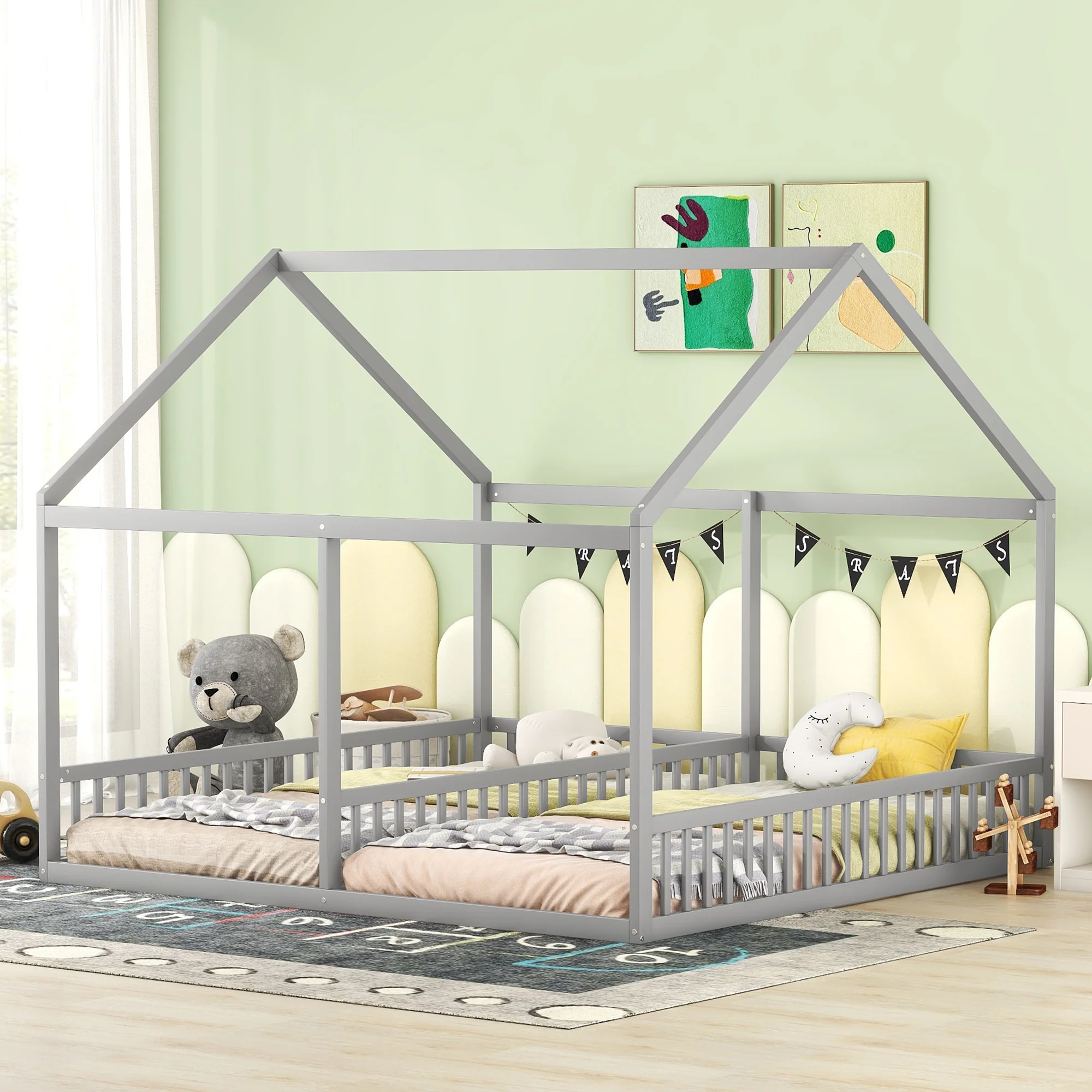 House Bed 90x200cm 2-in-1 Single Bed Grey - Image 4