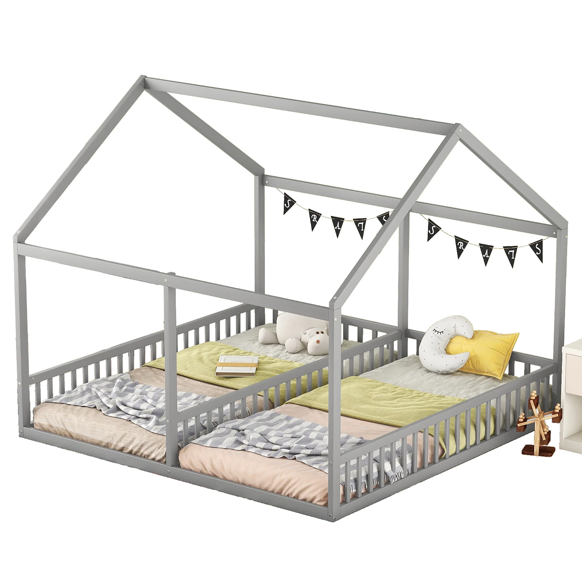 House Bed 90x200cm 2-in-1 Single Bed Grey - Image 5
