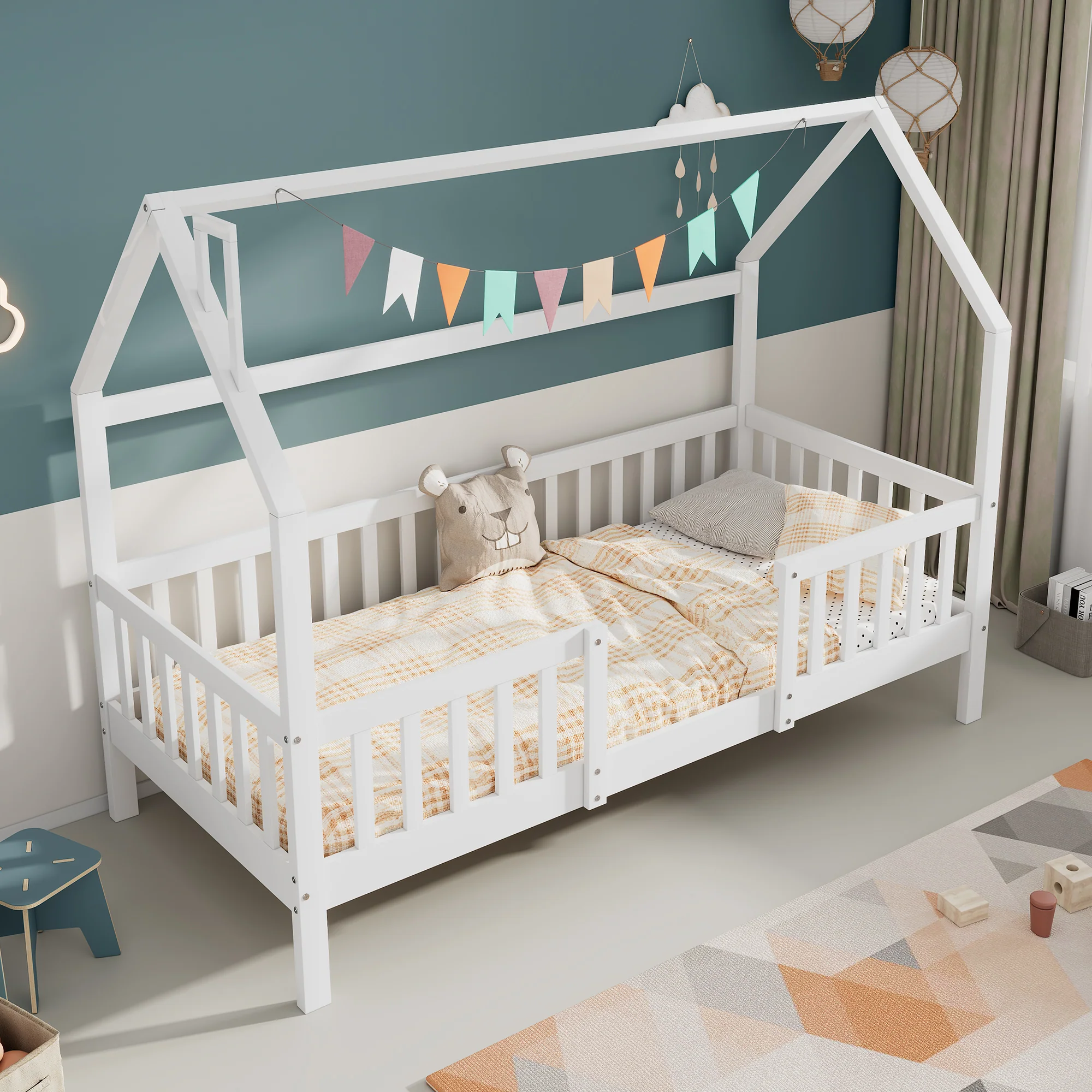 House Bed 90x200cm Chimney Slatted Base - White Pine Wood - Image 12