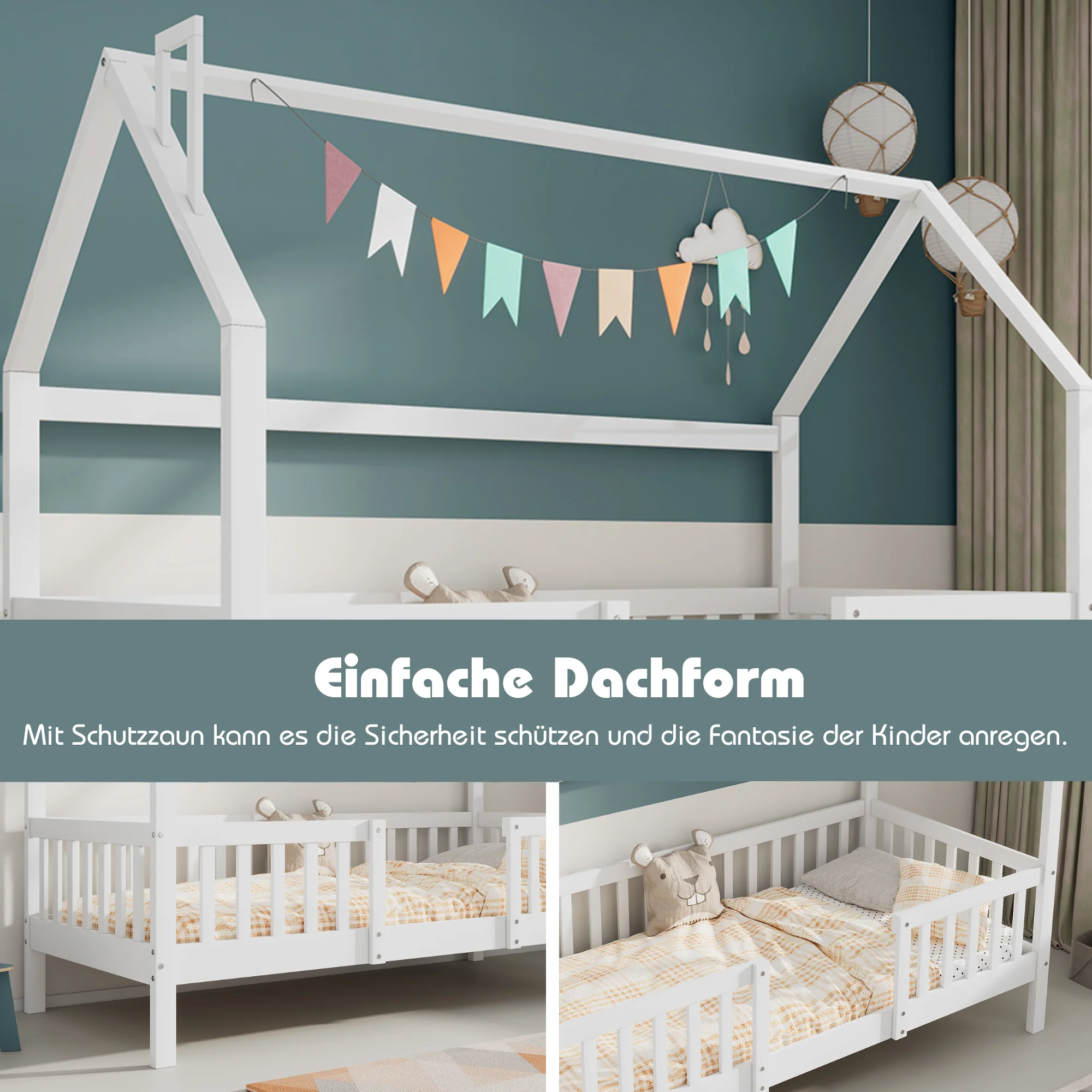 House Bed 90x200cm Chimney Slatted Base - White Pine Wood - Image 13