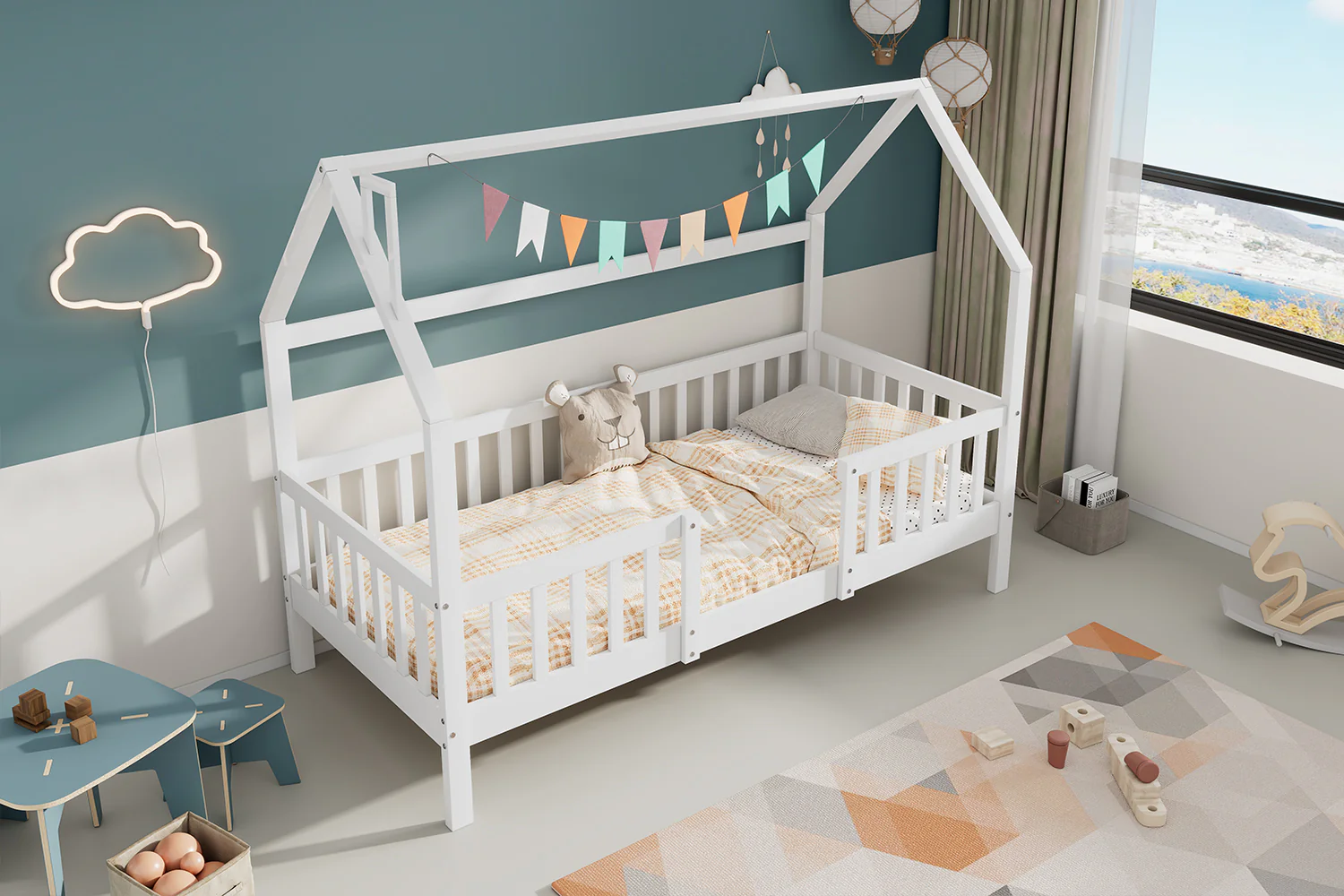 House Bed 90x200cm Chimney Slatted Base - White Pine Wood - Image 15