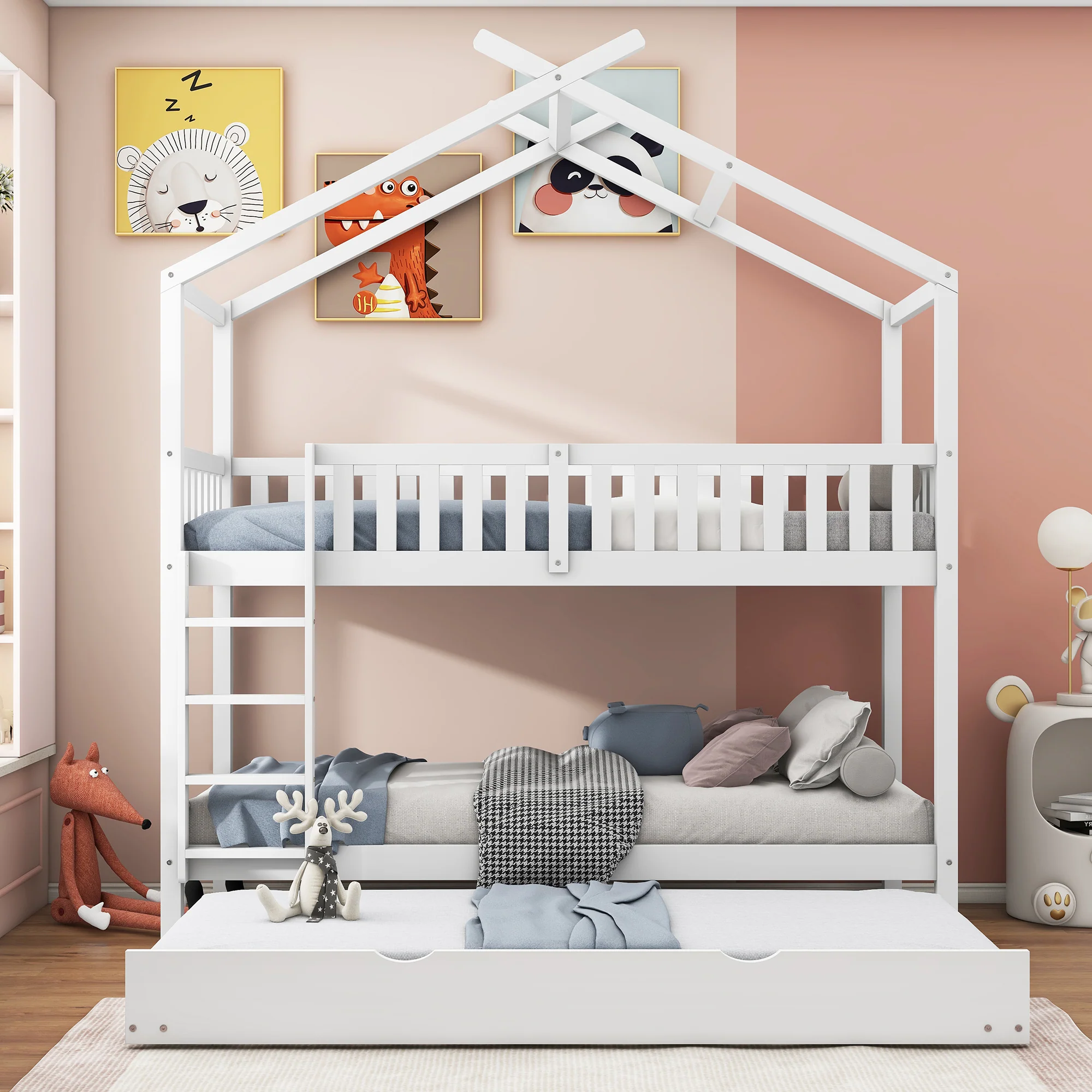 House Bed 90x200cm Triple Extendable Space-Saving - White - Image 2