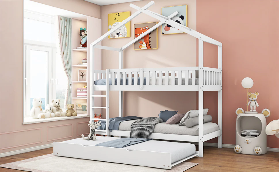 House Bed 90x200cm Triple Extendable Space-Saving - White - Image 3