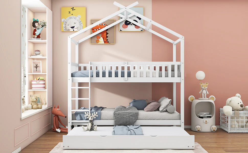 House Bed 90x200cm Triple Extendable Space-Saving - White - Image 4