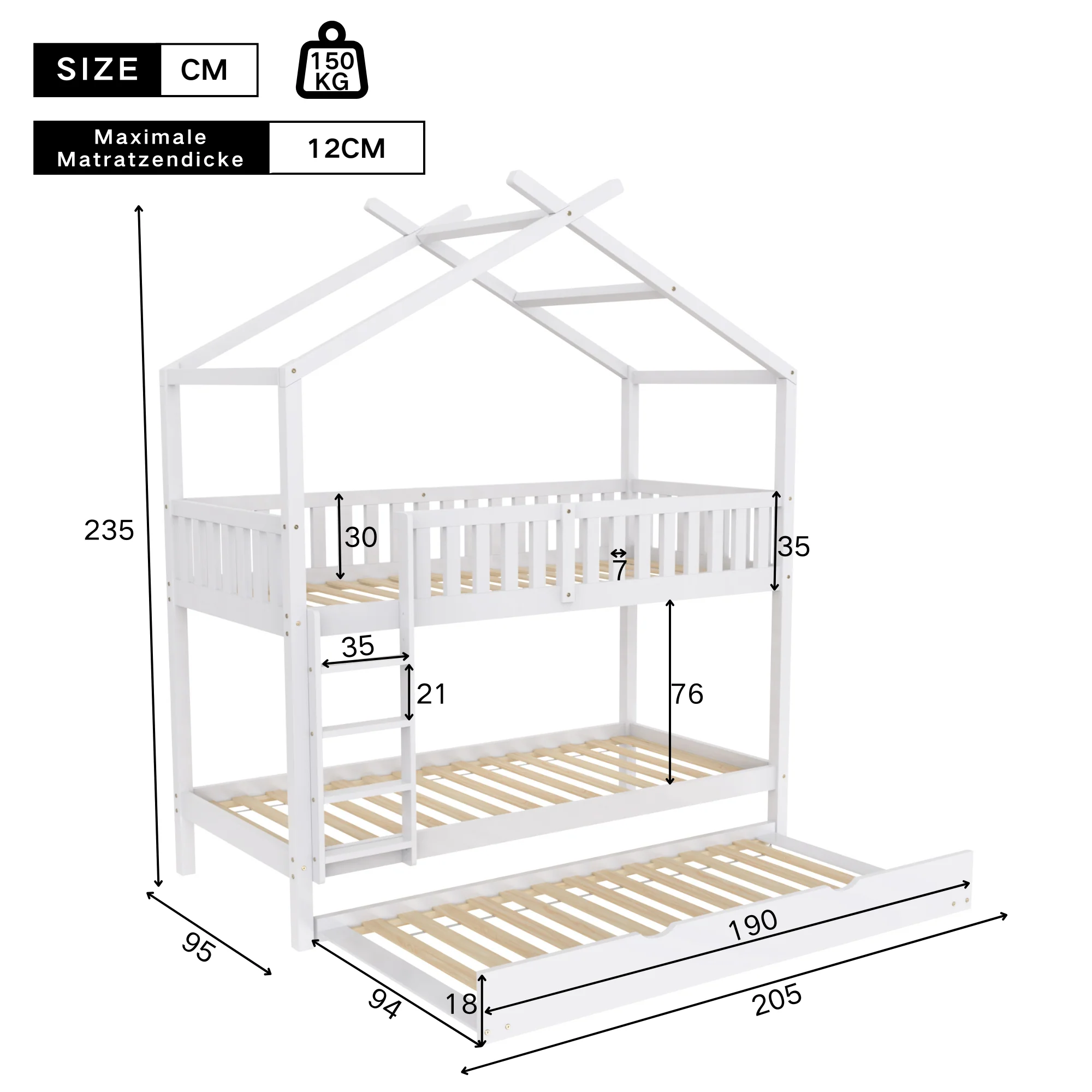 House Bed 90x200cm Triple Extendable Space-Saving - White - Image 7