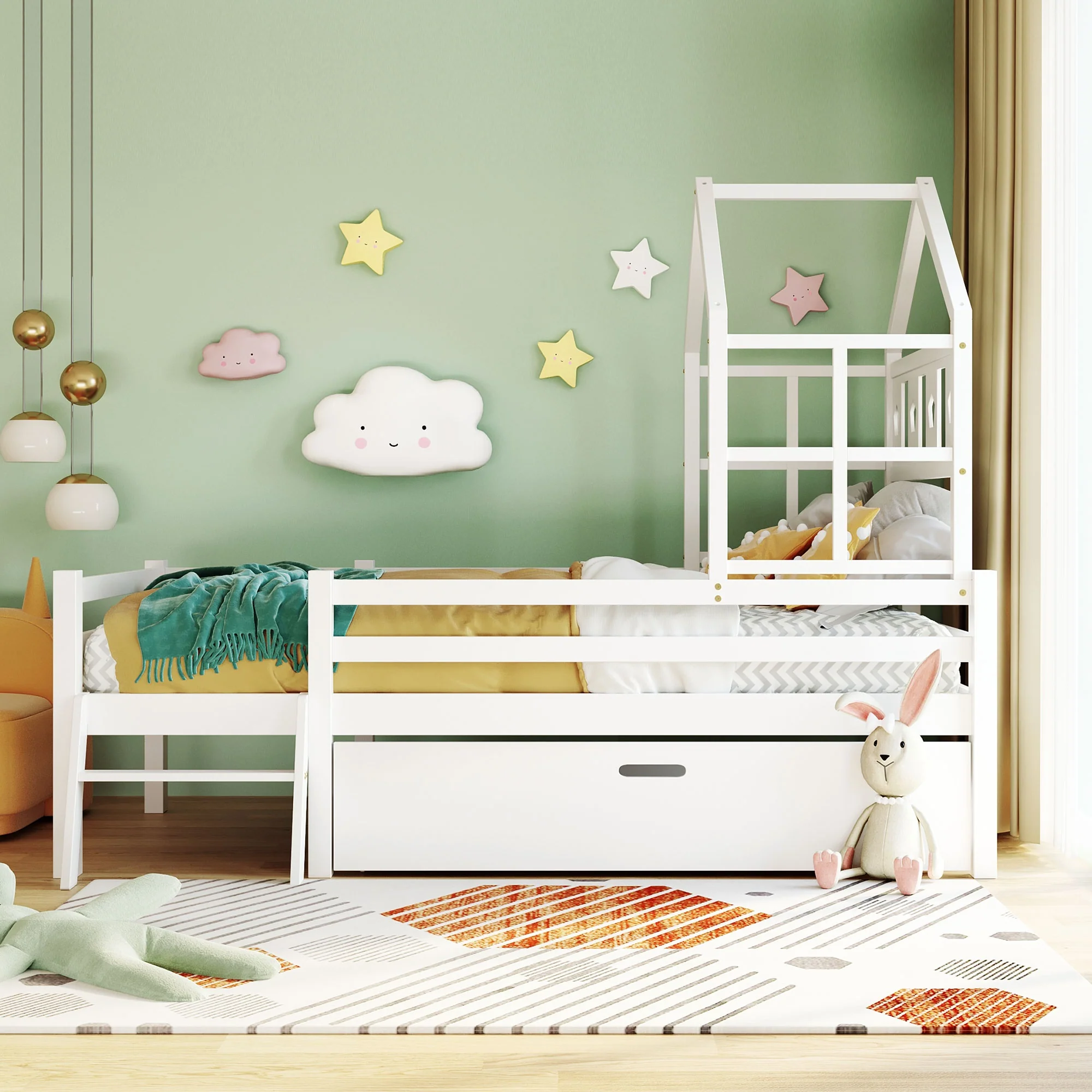 House Bed Children's, Ladder, Drawers, Loft Bed, Fall Protection, Solid Wood, 90x200cm White - Image 10