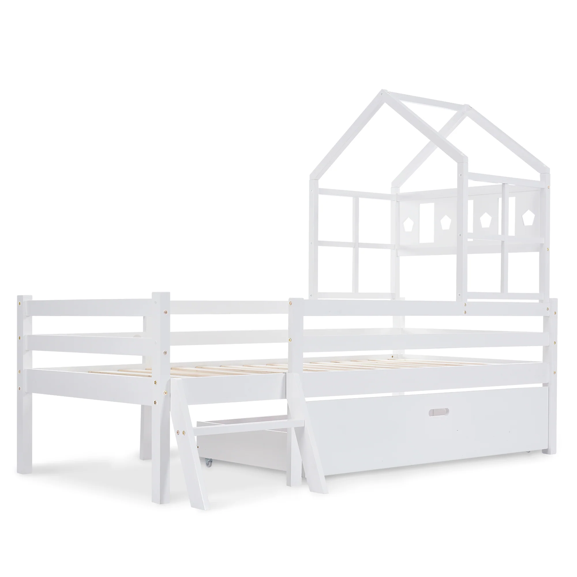 House Bed Children's, Ladder, Drawers, Loft Bed, Fall Protection, Solid Wood, 90x200cm White - Image 2