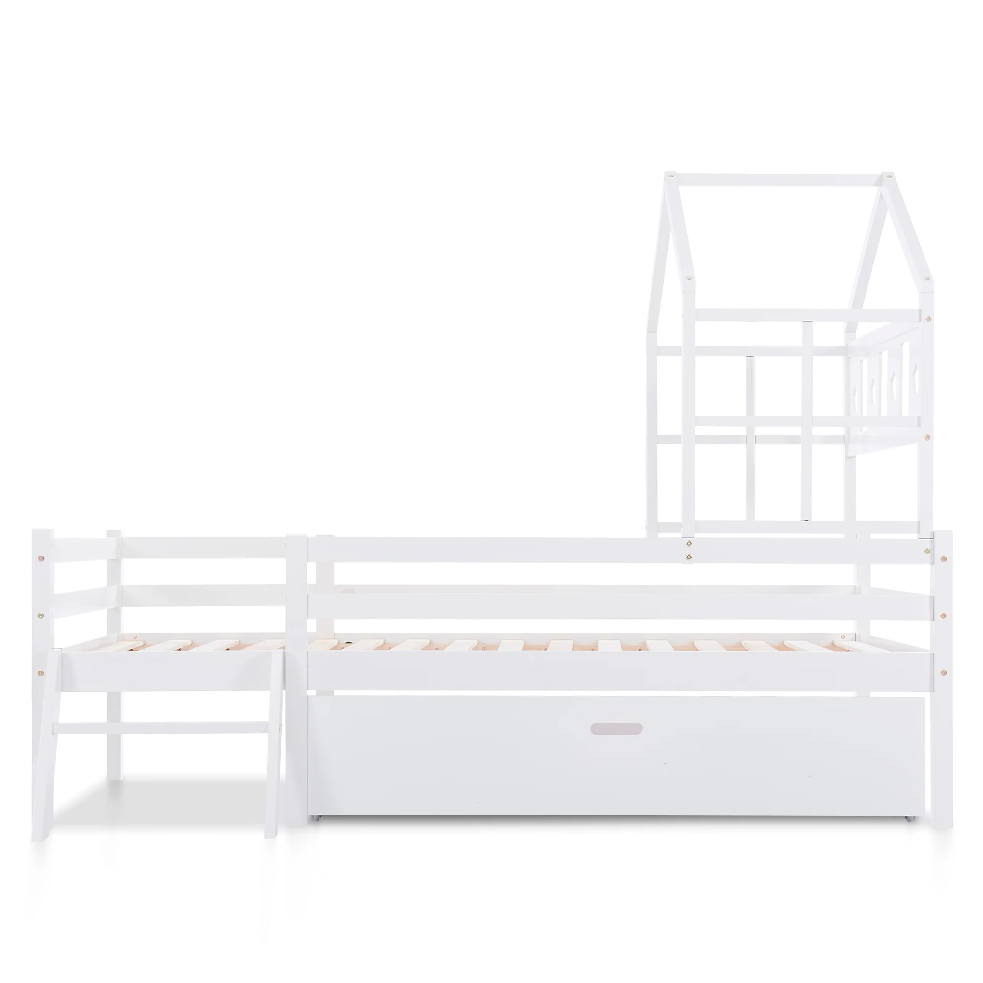 House Bed Children's, Ladder, Drawers, Loft Bed, Fall Protection, Solid Wood, 90x200cm White - Image 3