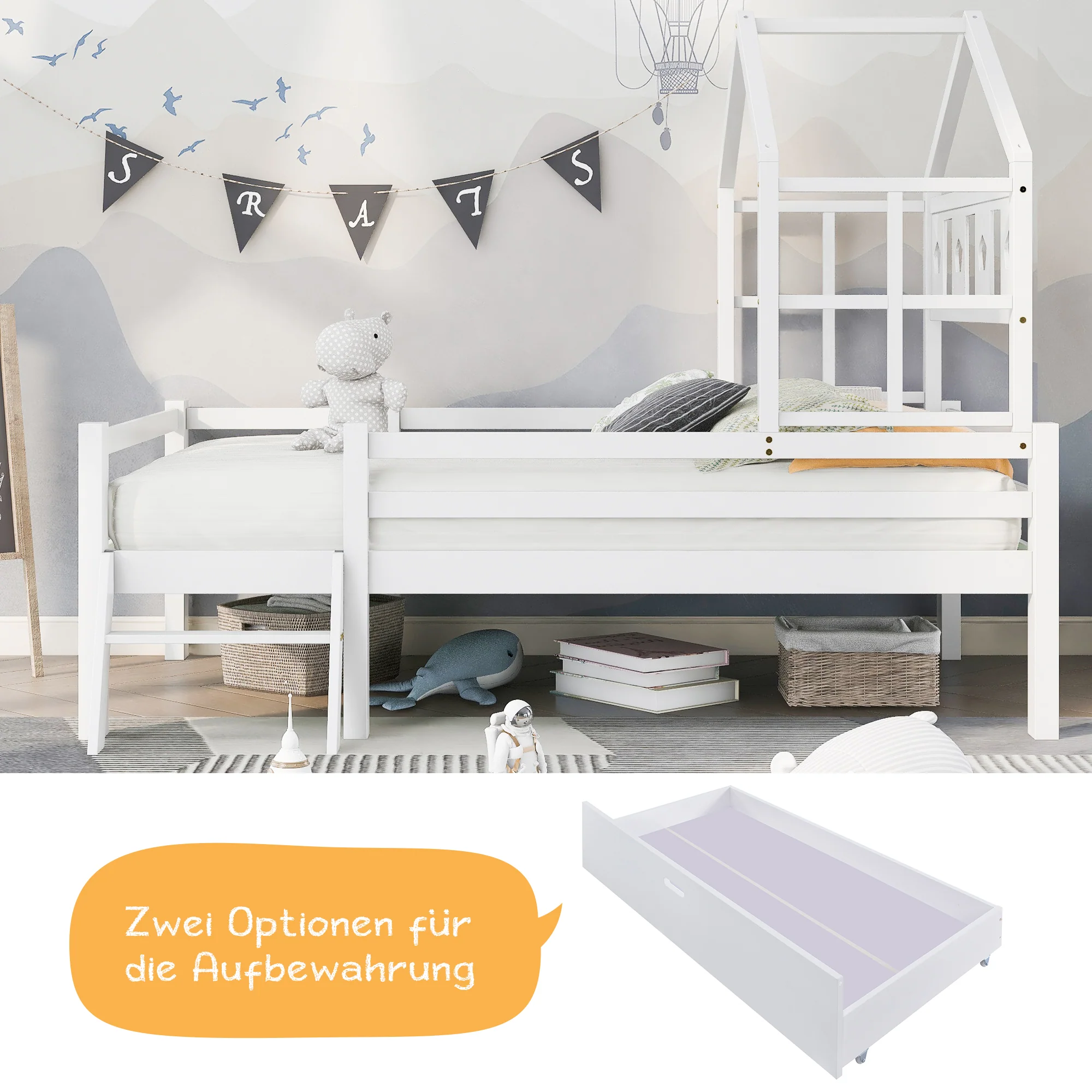House Bed Children's, Ladder, Drawers, Loft Bed, Fall Protection, Solid Wood, 90x200cm White - Image 4