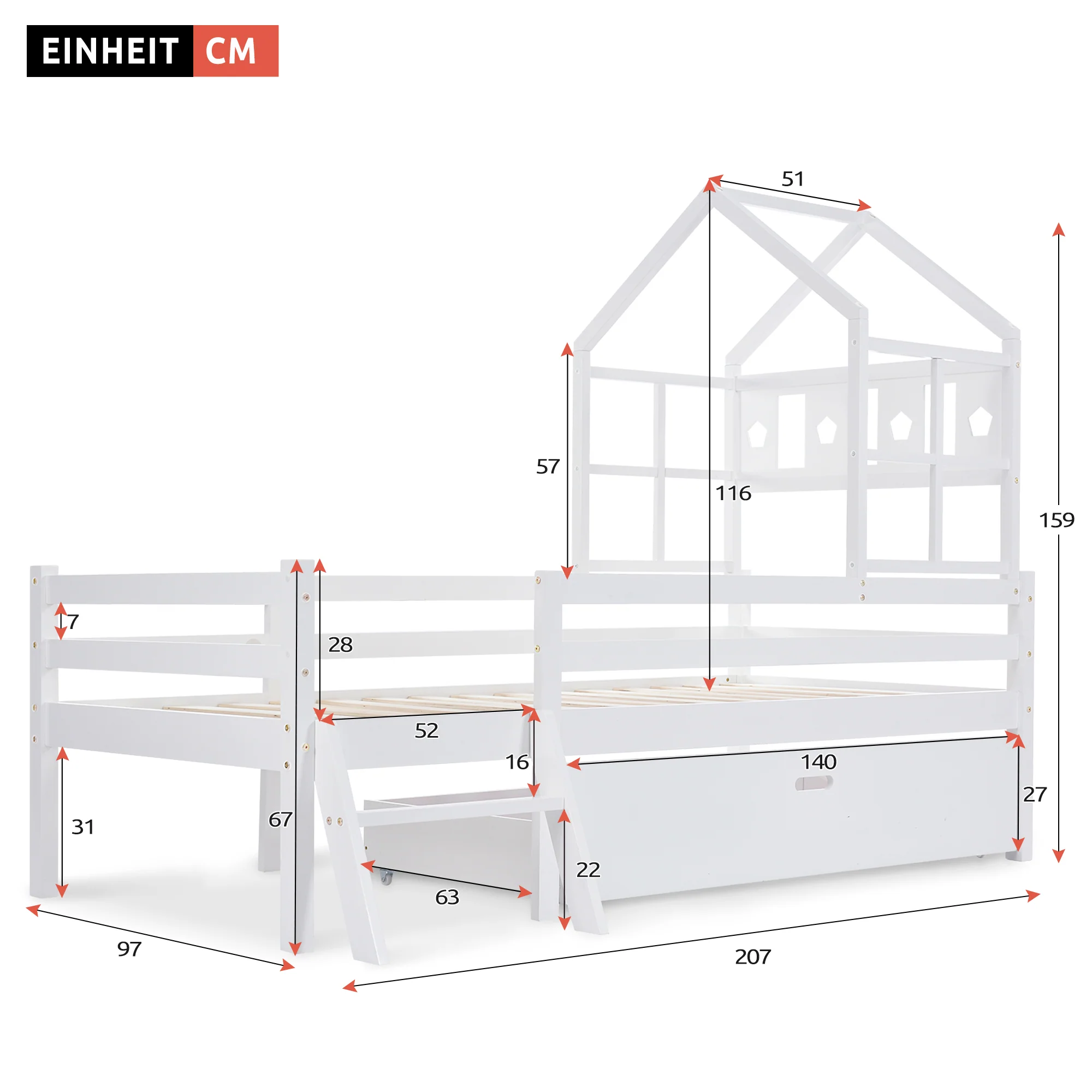 House Bed Children's, Ladder, Drawers, Loft Bed, Fall Protection, Solid Wood, 90x200cm White - Image 5