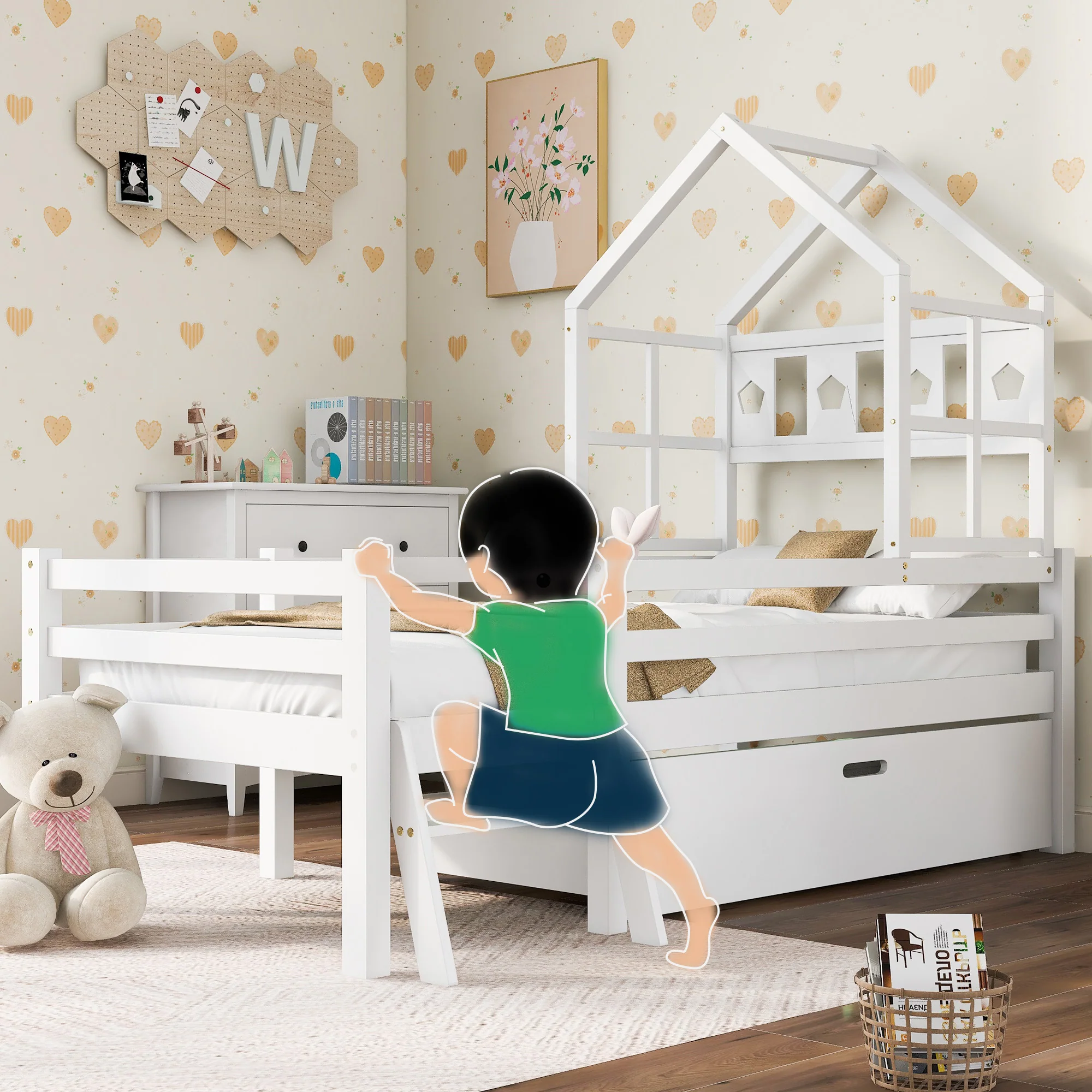 House Bed Children's, Ladder, Drawers, Loft Bed, Fall Protection, Solid Wood, 90x200cm White - Image 6