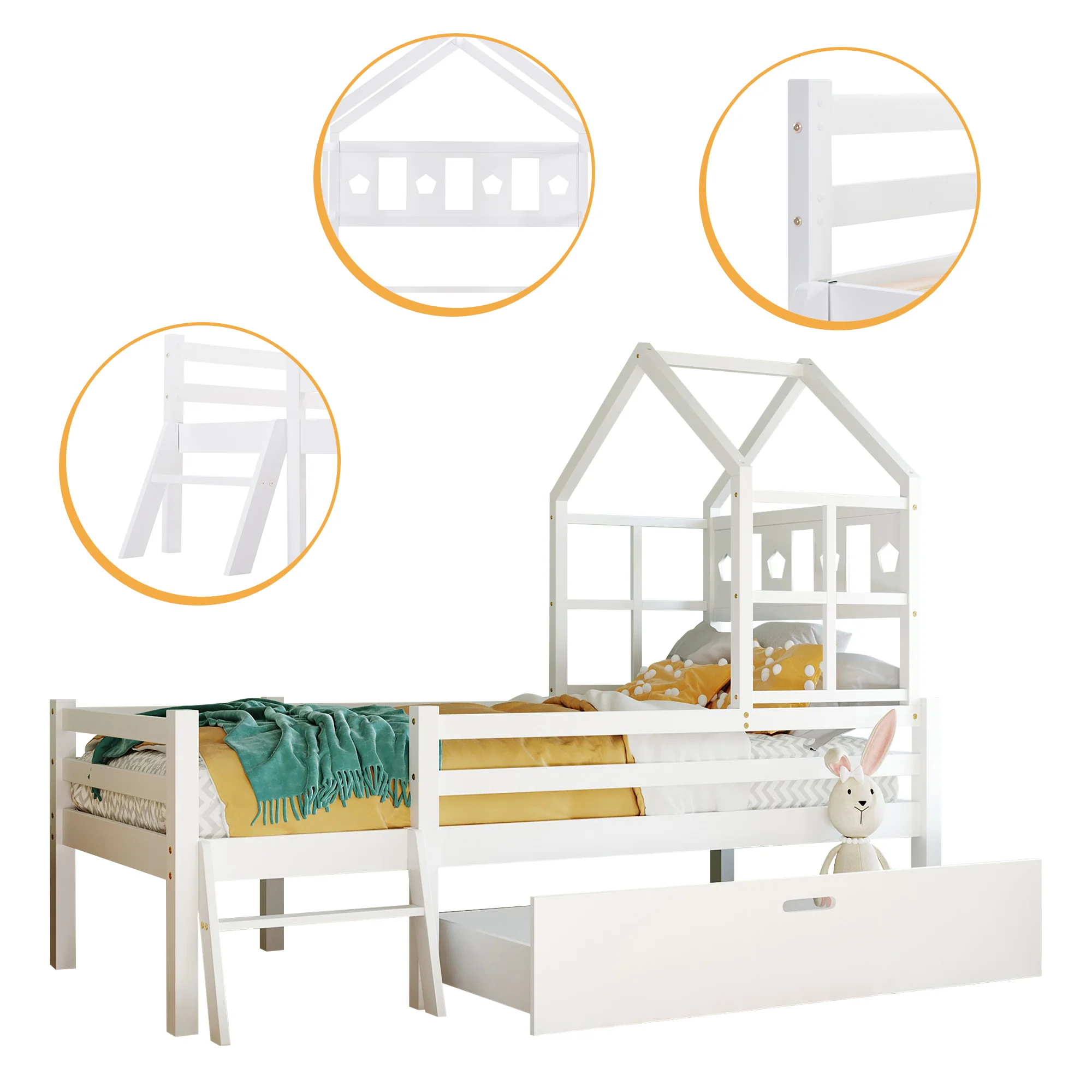 House Bed Children's, Ladder, Drawers, Loft Bed, Fall Protection, Solid Wood, 90x200cm White - Image 7