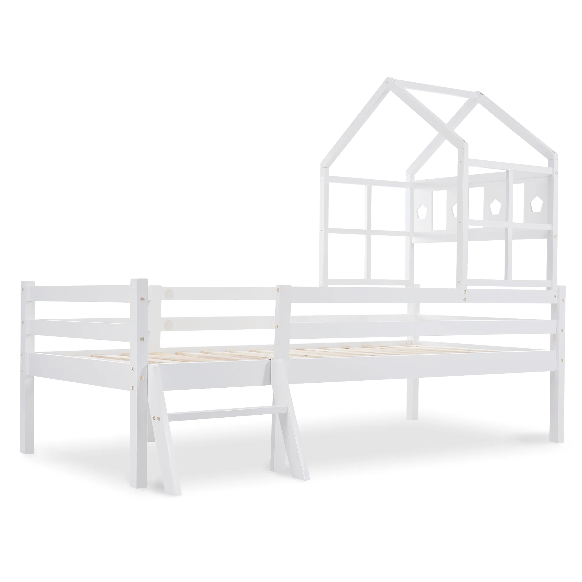House Bed Children's, Ladder, Drawers, Loft Bed, Fall Protection, Solid Wood, 90x200cm White - Image 8